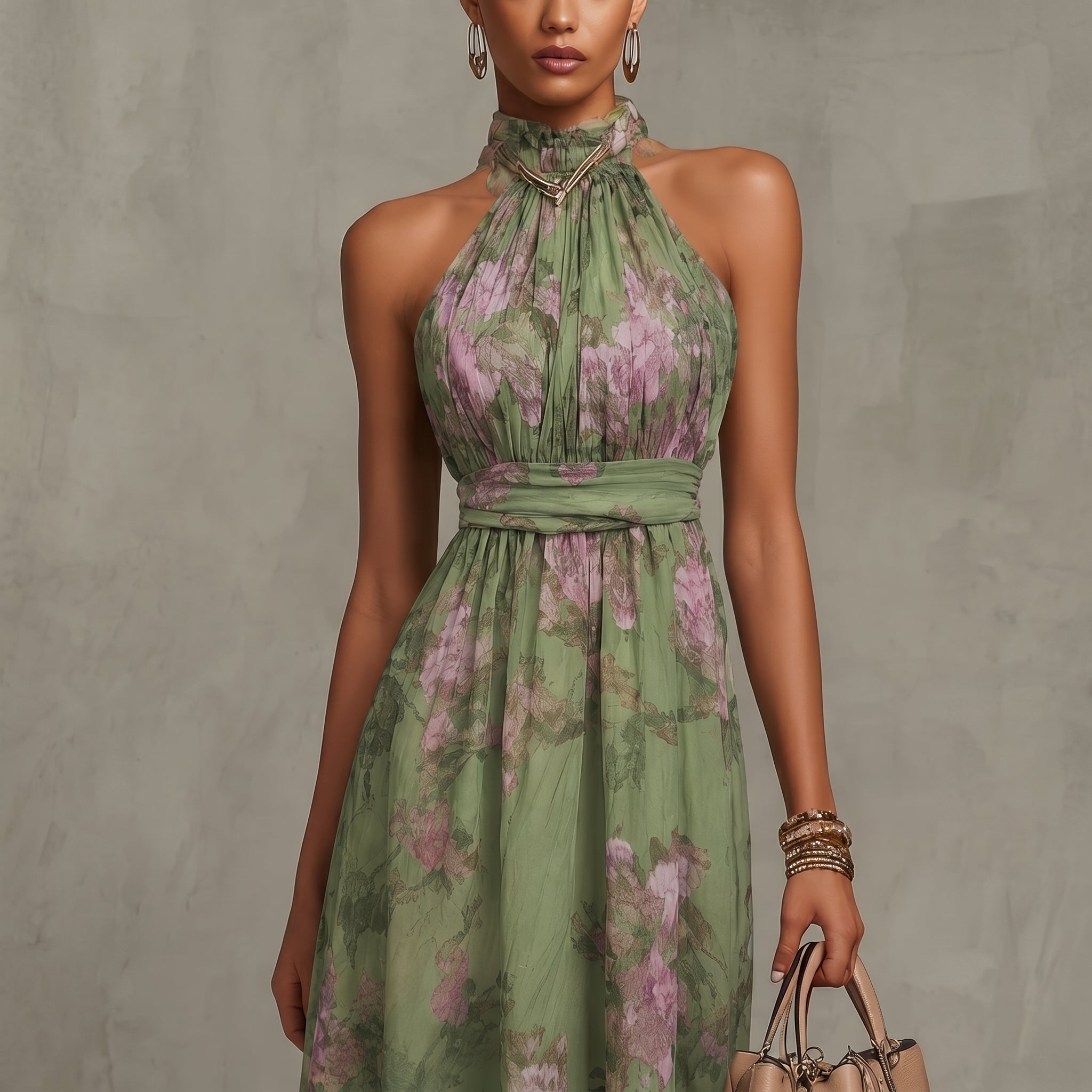 Celine - Women's Evening Vintage Floral Halter Maxi Dress