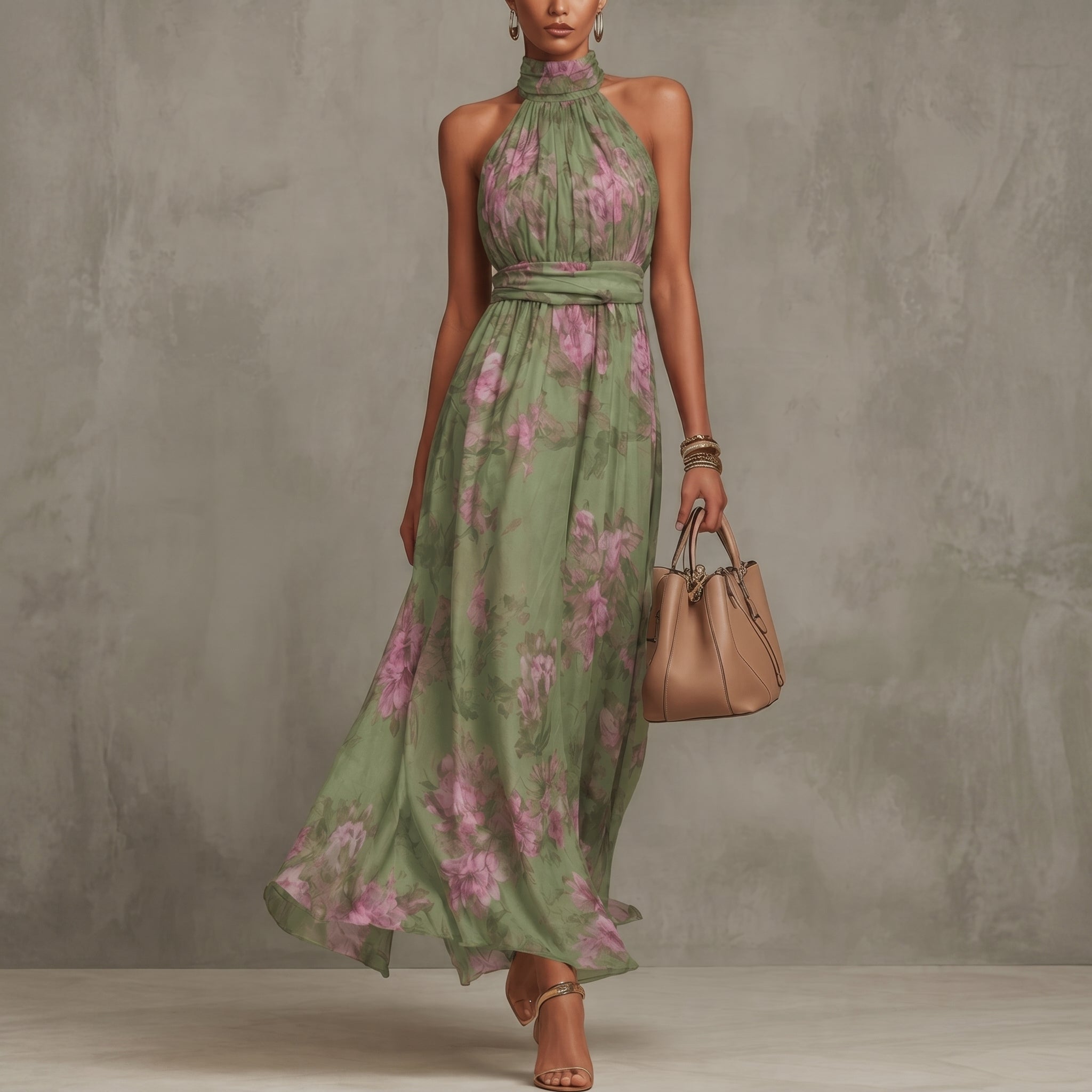 Celine - Women's Evening Vintage Floral Halter Maxi Dress