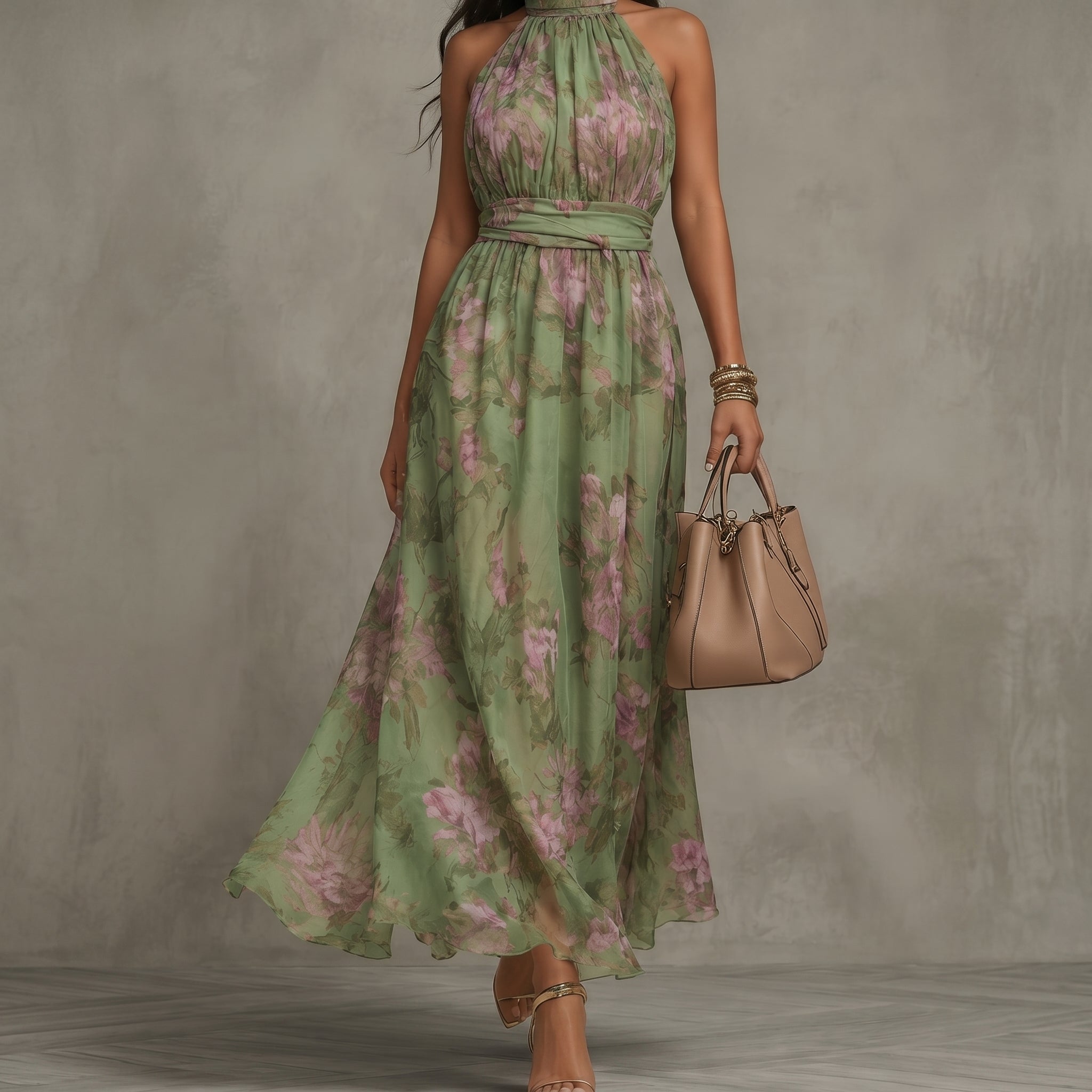 Celine - Women's Evening Vintage Floral Halter Maxi Dress