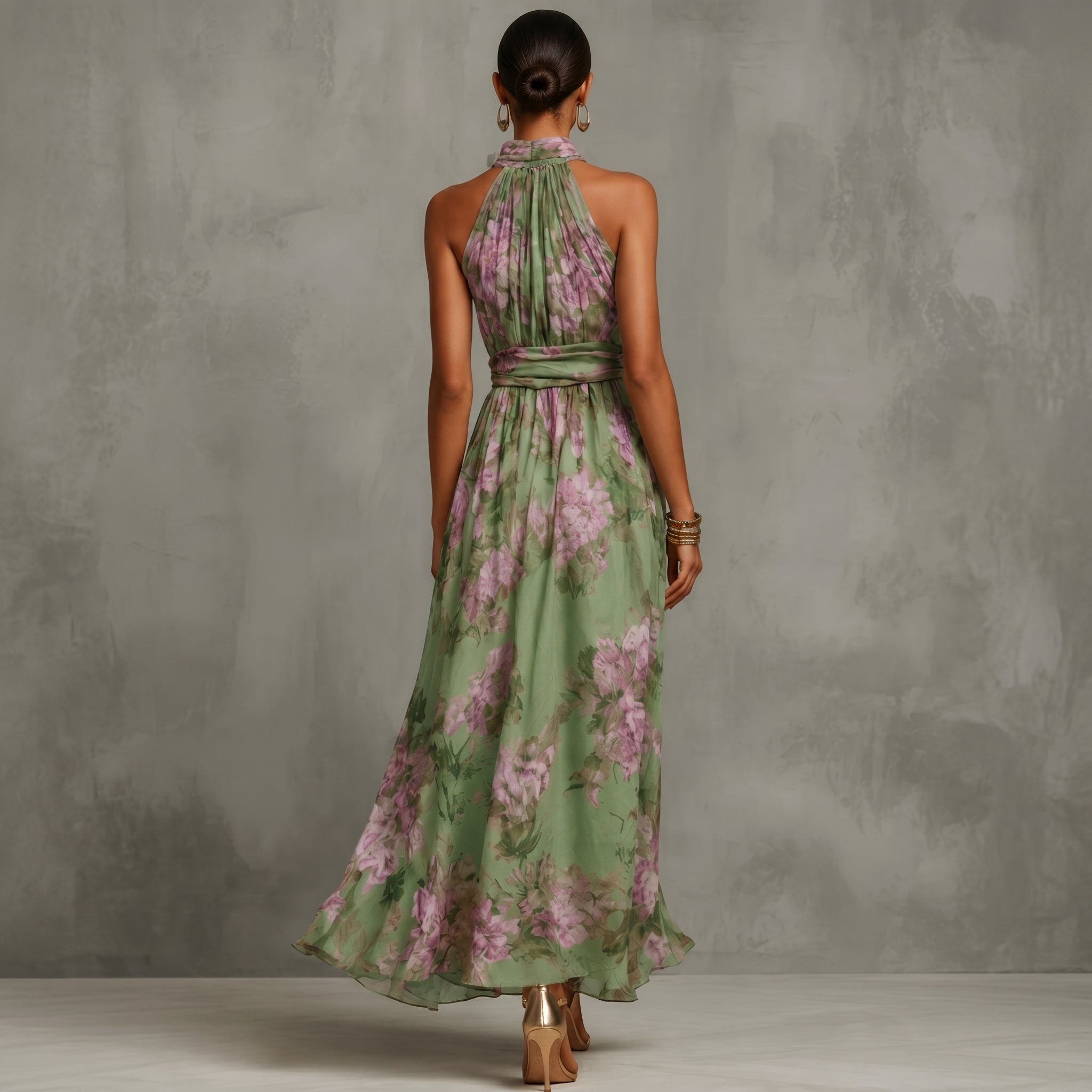 Celine - Women's Evening Vintage Floral Halter Maxi Dress