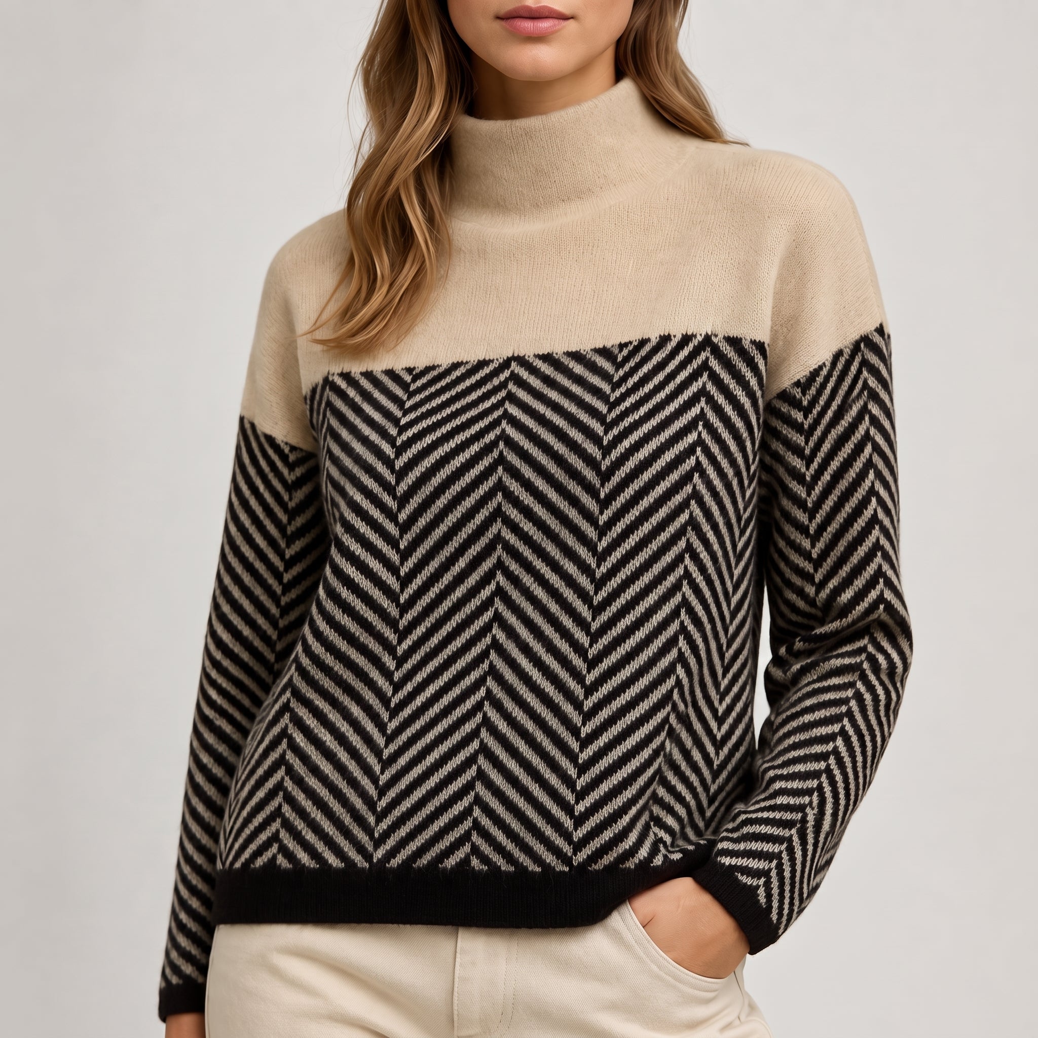 Charlotte - Women's Chevron Turtleneck Jumper with Colour-Block Panel