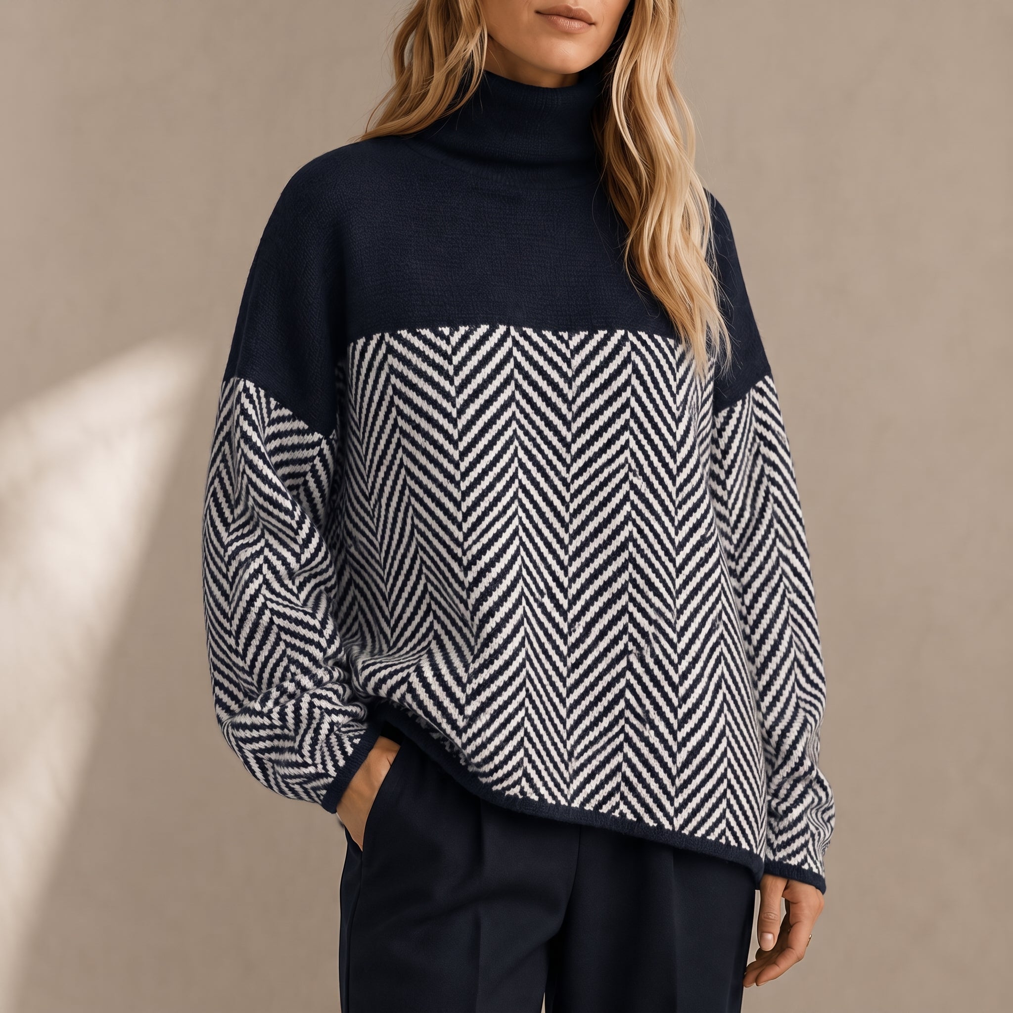 Charlotte - Women's Chevron Turtleneck Jumper with Colour-Block Panel