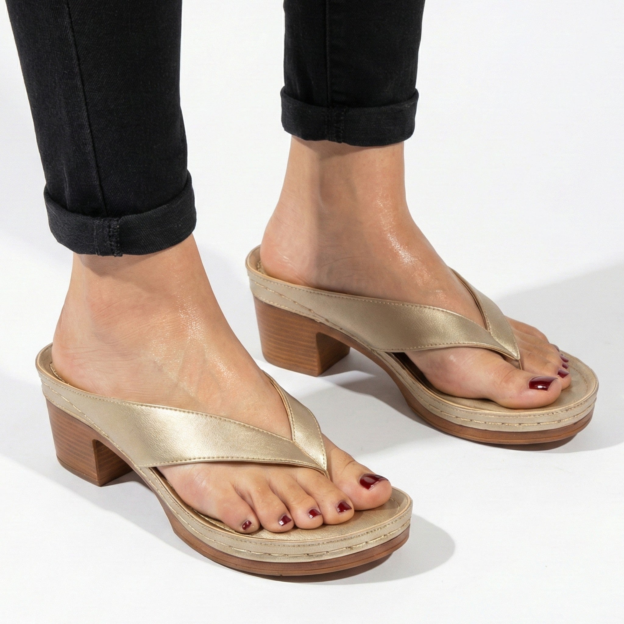 Abigail - Women's Orthopaedic V - Shaped Thong Strap Heeled Sandals - Shoes - Gold - Taylor & Bennett