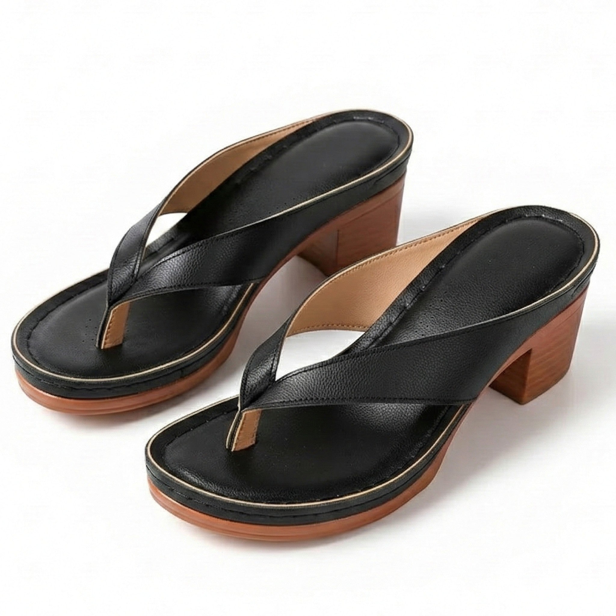 Abigail - Women's Orthopaedic V - Shaped Thong Strap Heeled Sandals - Shoes - Black - Taylor & Bennett