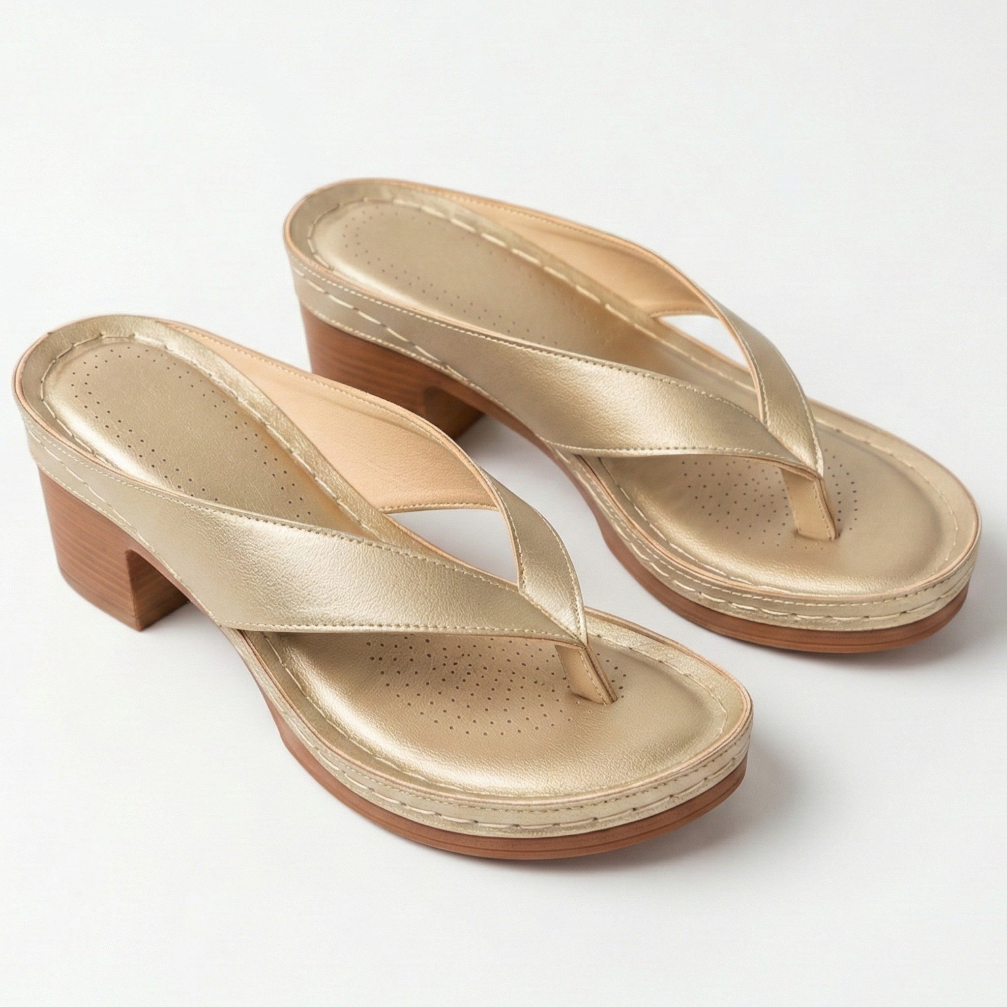 Abigail - Women's Orthopaedic V - Shaped Thong Strap Heeled Sandals - Shoes - Gold - Taylor & Bennett