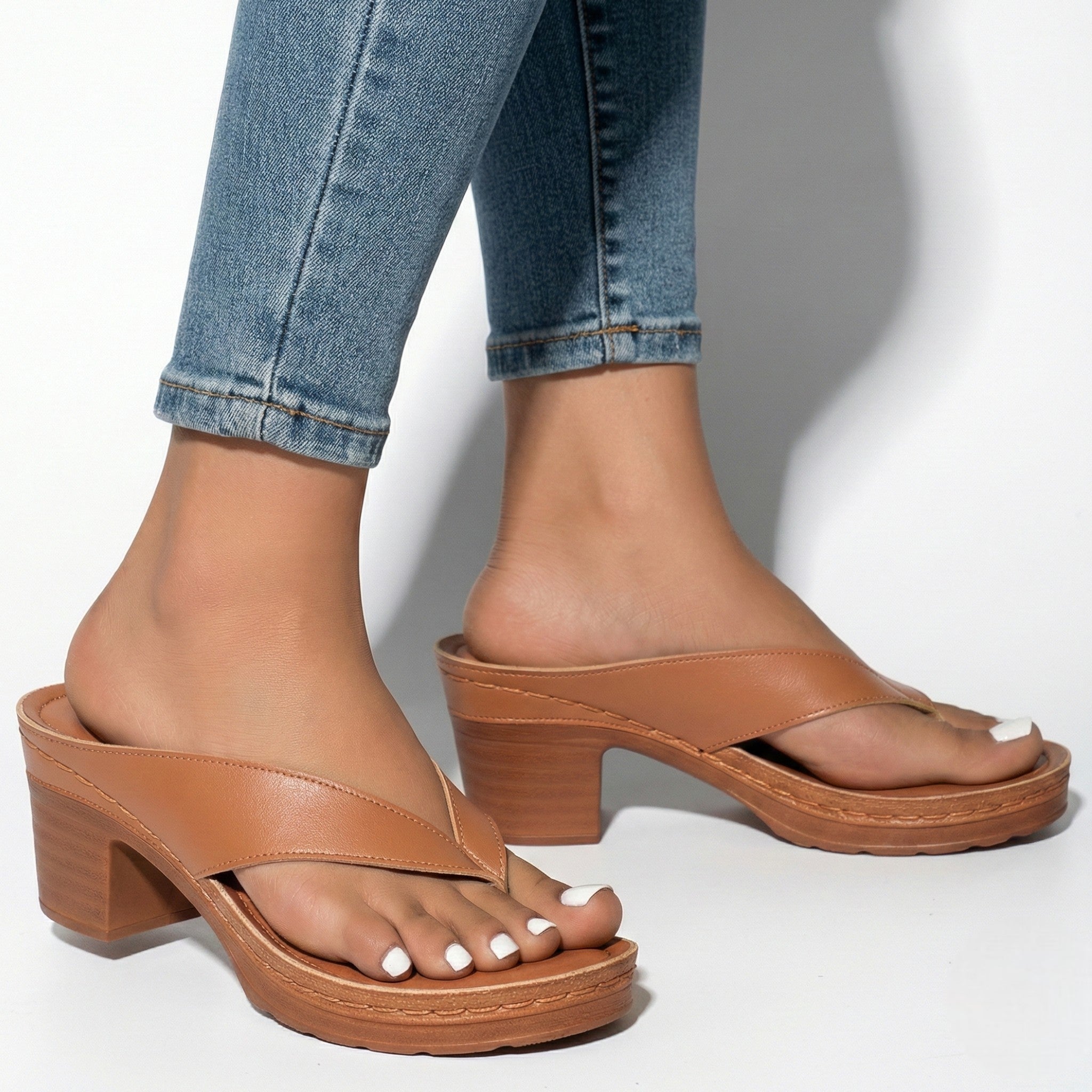 Abigail - Women's Orthopaedic V - Shaped Thong Strap Heeled Sandals - Shoes - Brown - Taylor & Bennett