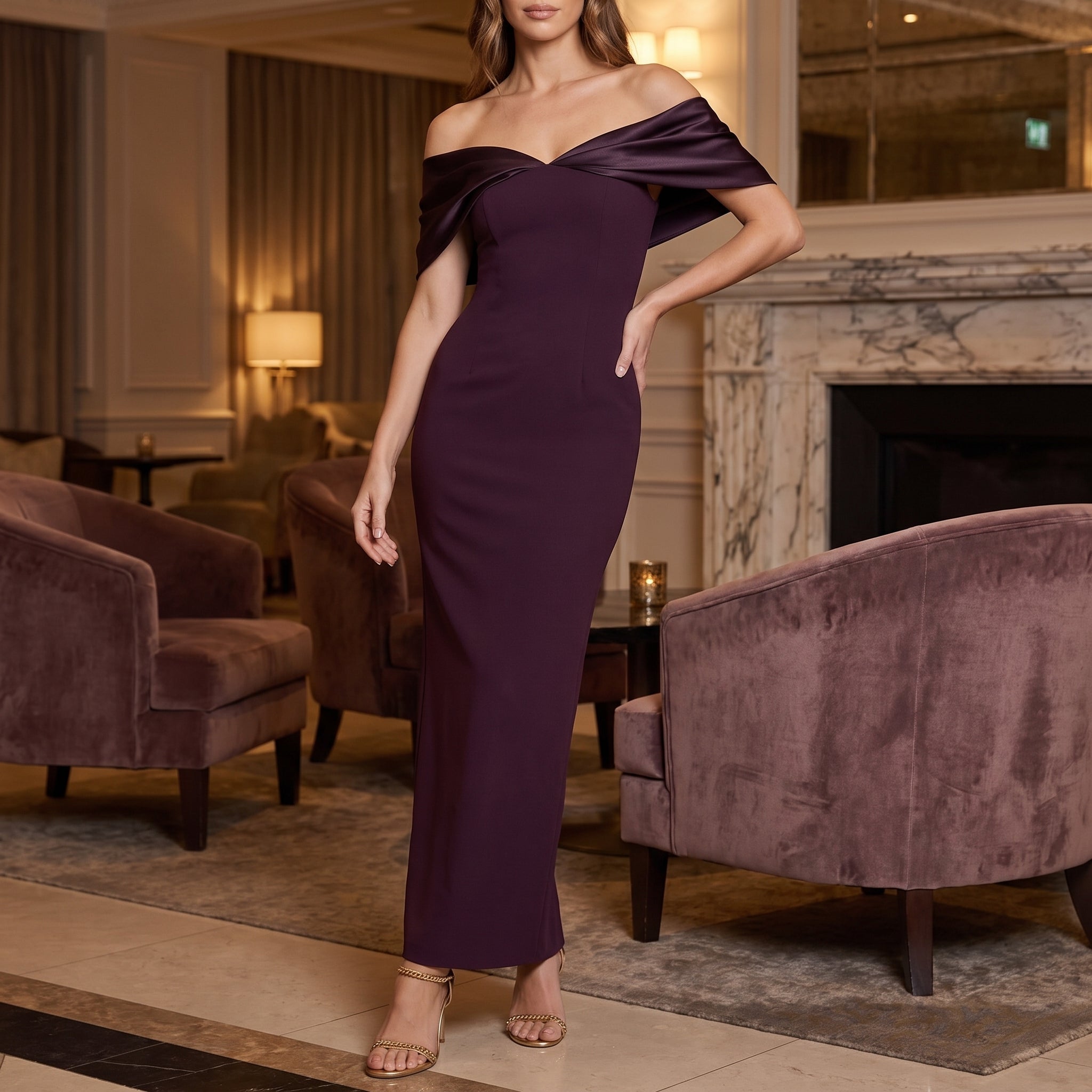Adalyn - Women's Wedding Guest Off-Shoulder Fitted Maxi Dress - Maxi Dresses - Purple - Taylor & Bennett