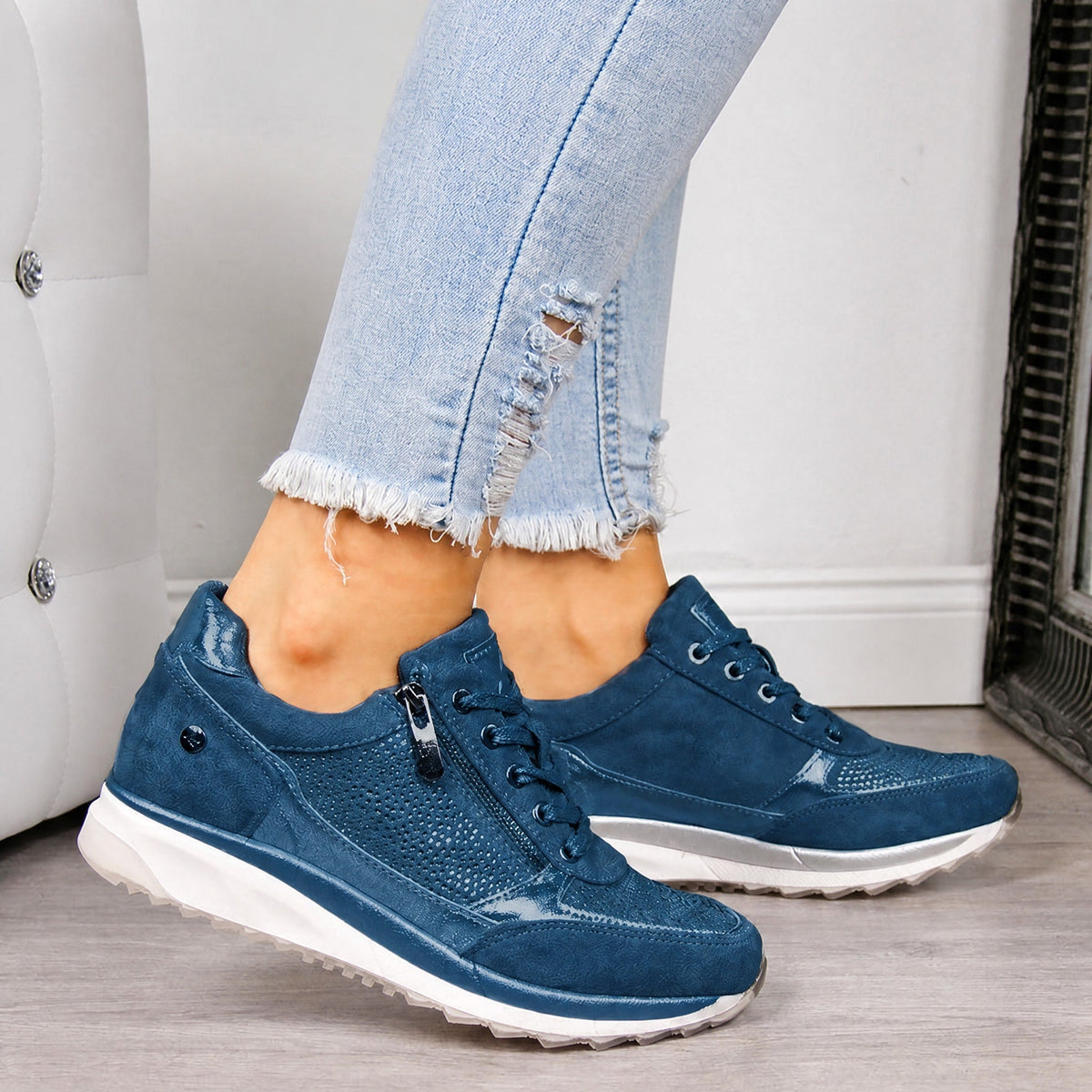 Alice - Women's Diamante Zip-Up Low-Top Trainers with Lace-Up Fastening - Sneakers - Blue - Taylor & Bennett
