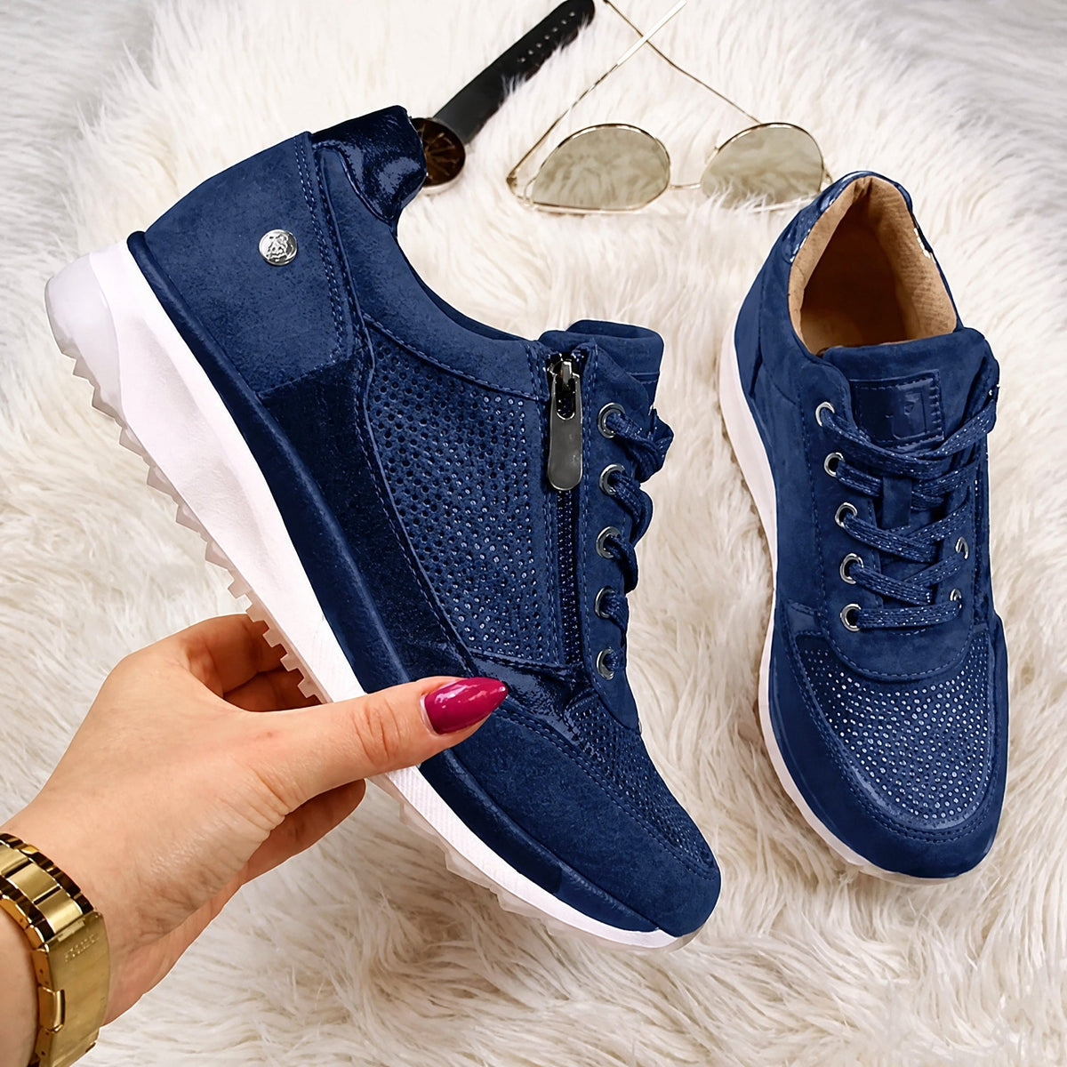 Alice - Women's Diamante Zip-Up Low-Top Trainers with Lace-Up Fastening - Sneakers - Blue - Taylor & Bennett