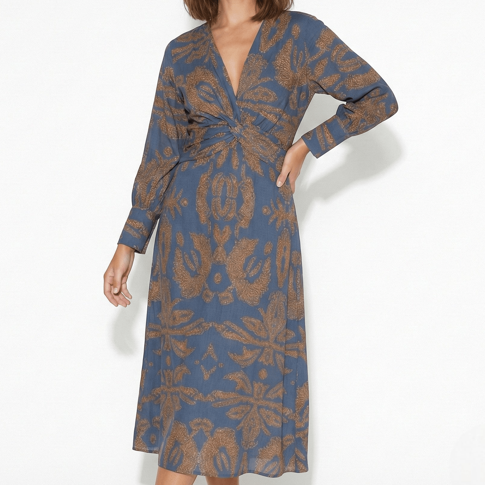 Alice - Women's Long Sleeve V - Neck Boho Maxi Dress - Dress - Blue - Taylor & Bennett