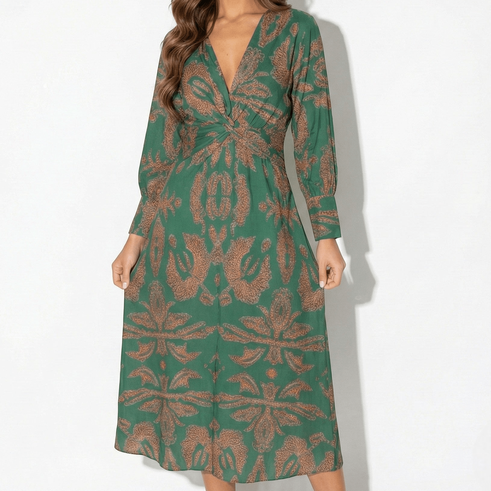 Alice - Women's Long Sleeve V - Neck Boho Maxi Dress - Dress - Green - Taylor & Bennett