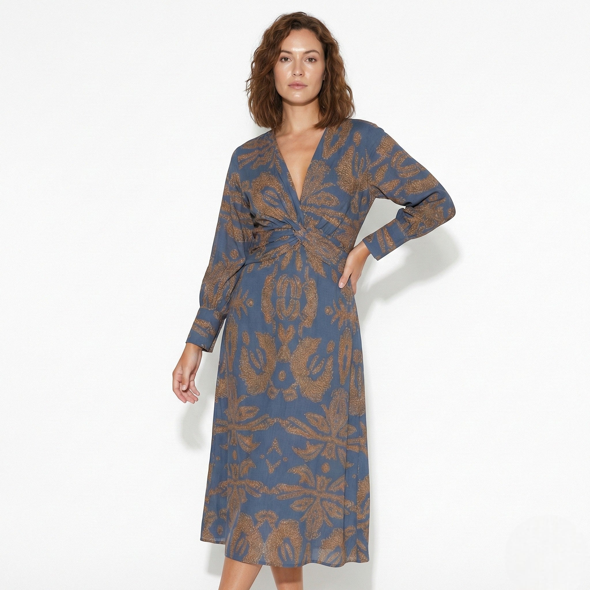 Alice - Women's Long Sleeve V - Neck Boho Maxi Dress - Dress - Blue - Taylor & Bennett