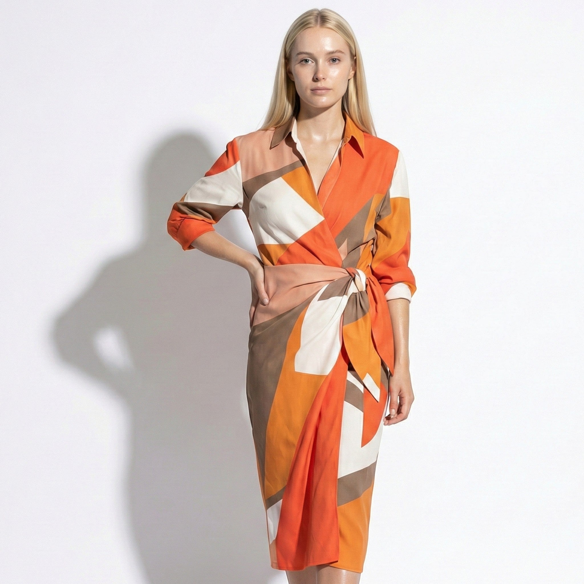 Alice - Women's Long Sleeve Wrap Shirt Dress with Vibrant Stripes - Long dress - Orange - Taylor & Bennett