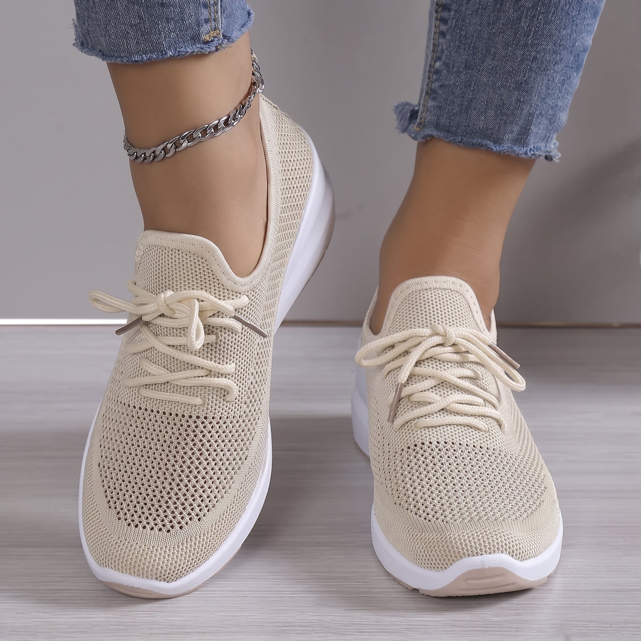 Alice - Women's Orthopaedic Breathable Lace-Up Wedge Trainers - Sneakers - Beige - Taylor & Bennett