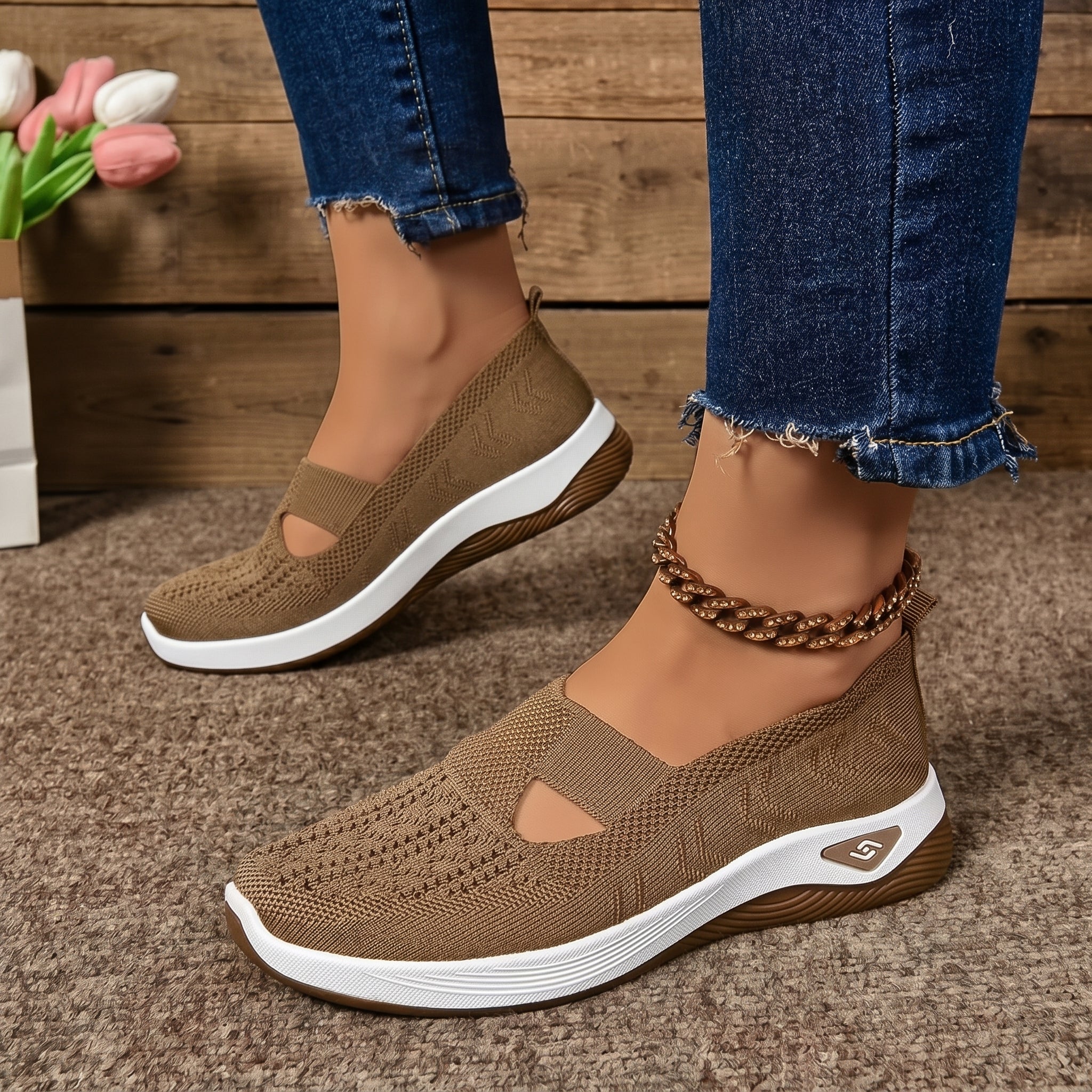 Alice - Women's Orthopaedic Breathable Slip-On Trainers - Orthopaedic Shoes - Brown - Taylor & Bennett