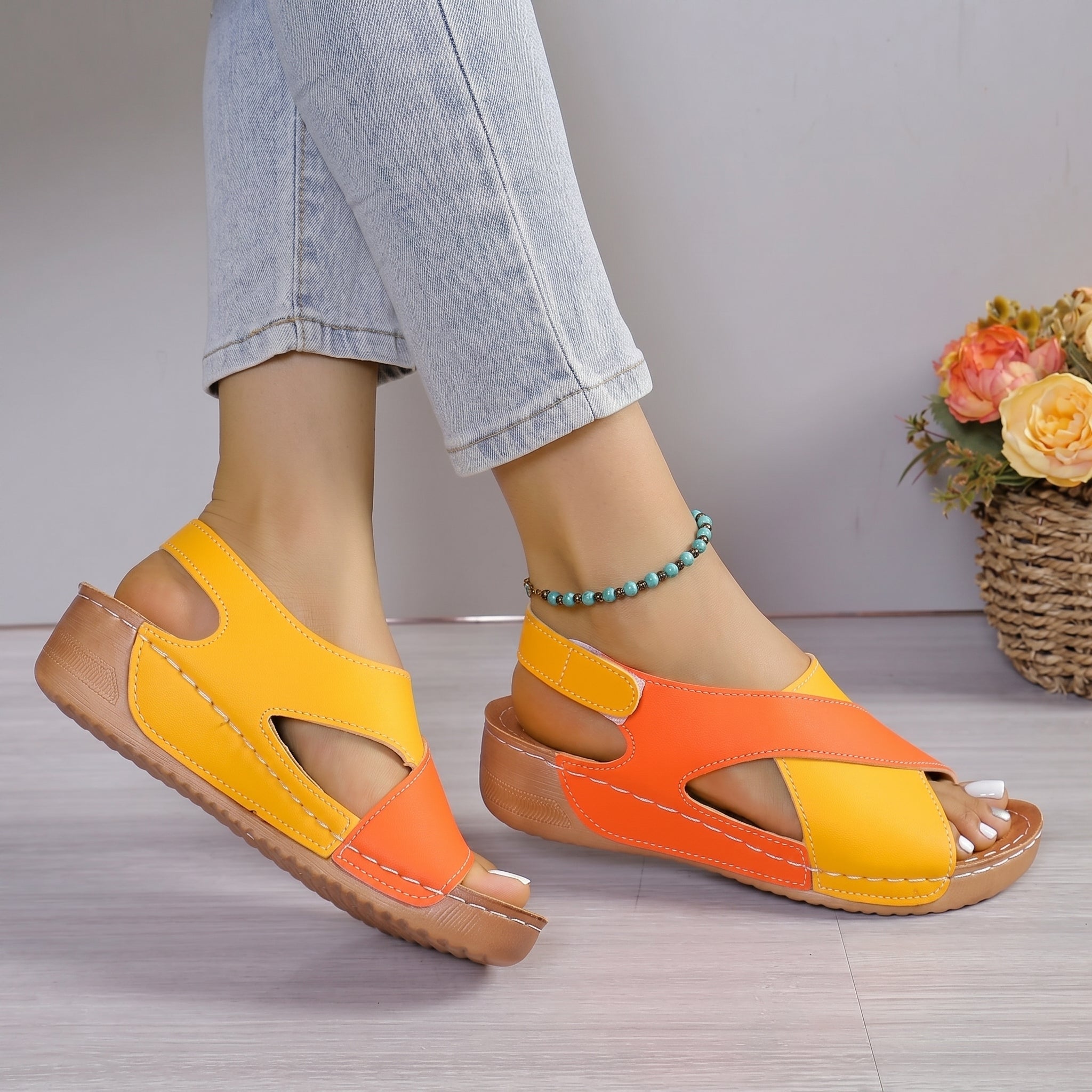 Alice - Women's Orthopaedic Cut-Out Wedge Sandals with Velcro Strap - Sandals - Yellow - Taylor & Bennett