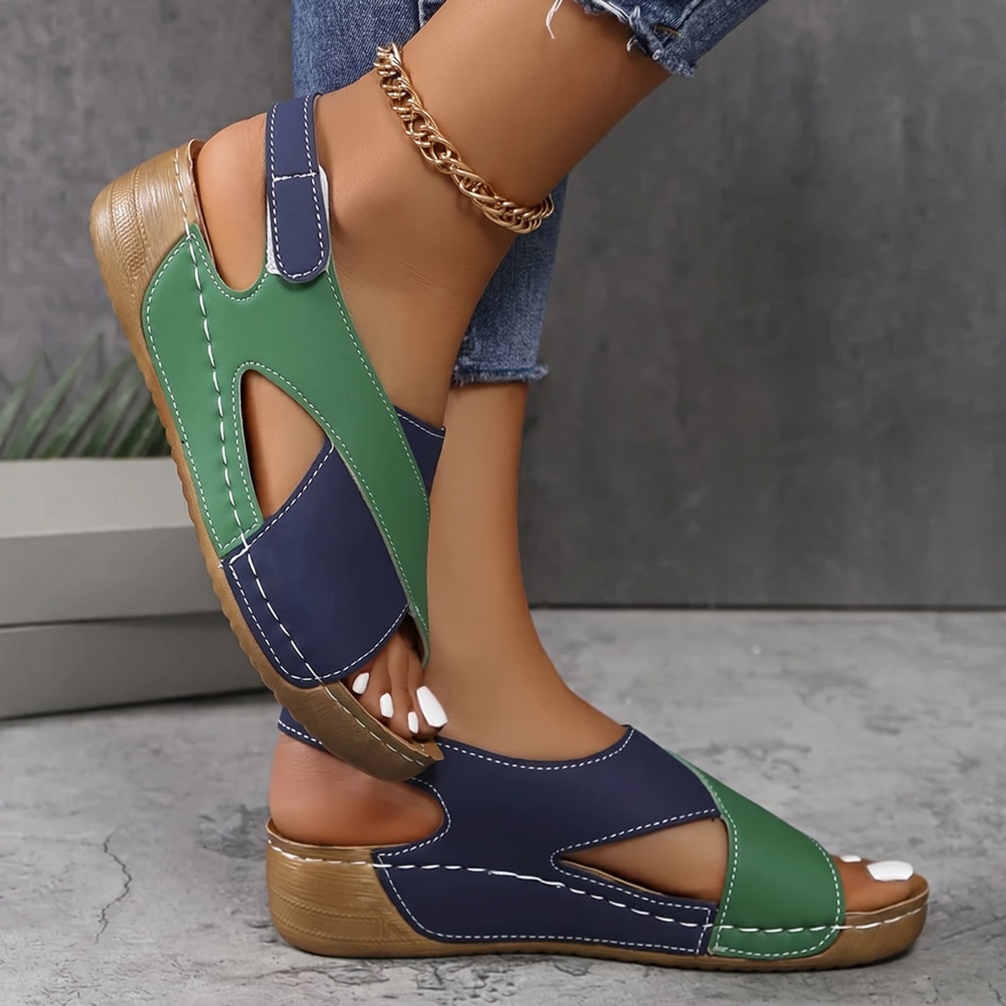Alice - Women's Orthopaedic Cut-Out Wedge Sandals with Velcro Strap - Sandals - Green - Taylor & Bennett