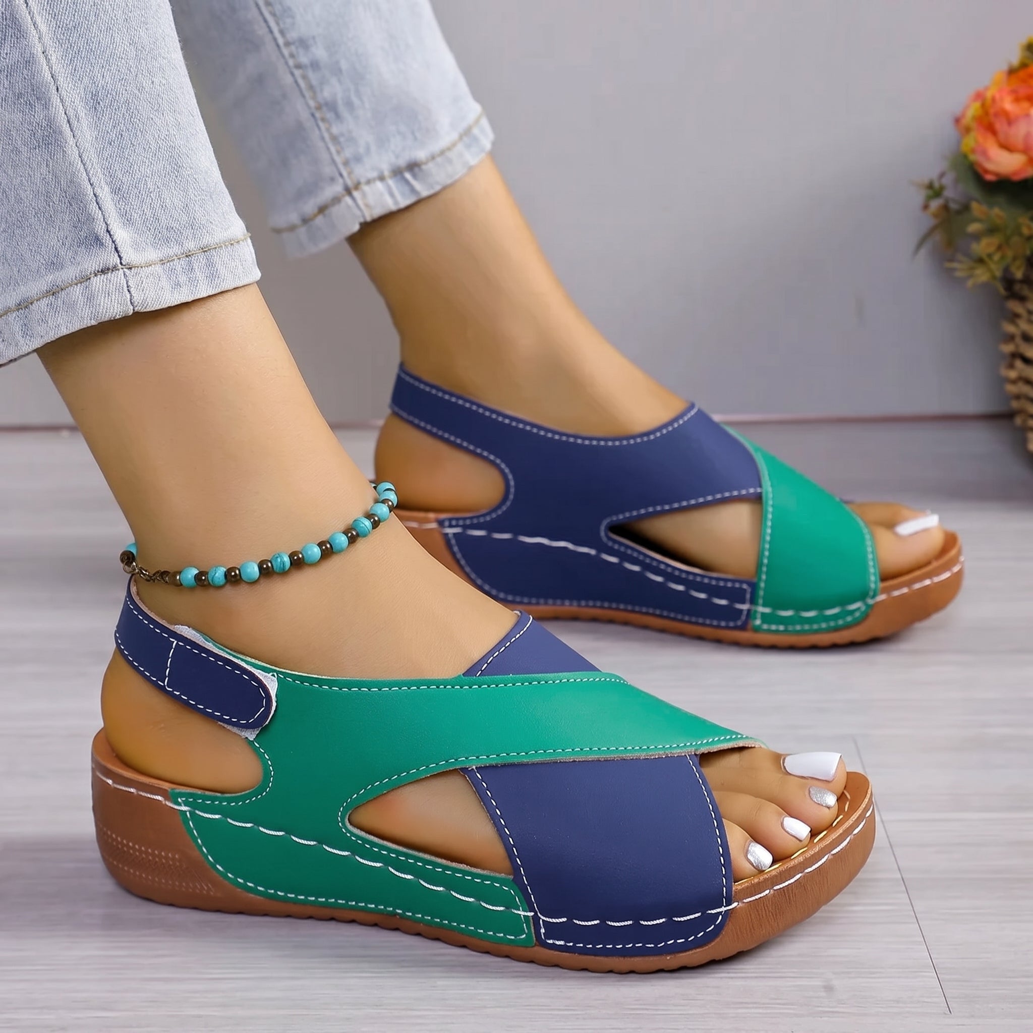 Alice - Women's Orthopaedic Cut-Out Wedge Sandals with Velcro Strap - Sandals - Green - Taylor & Bennett
