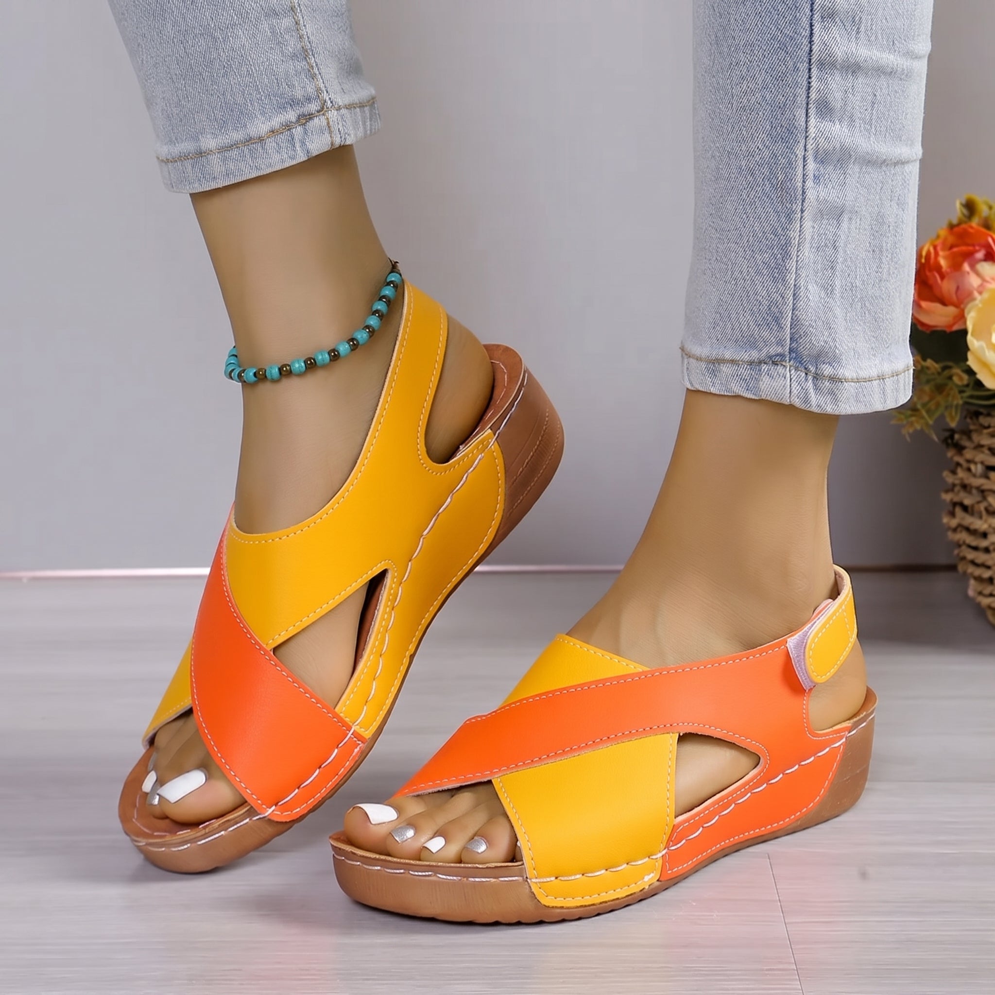 Alice - Women's Orthopaedic Cut-Out Wedge Sandals with Velcro Strap - Sandals - Yellow - Taylor & Bennett