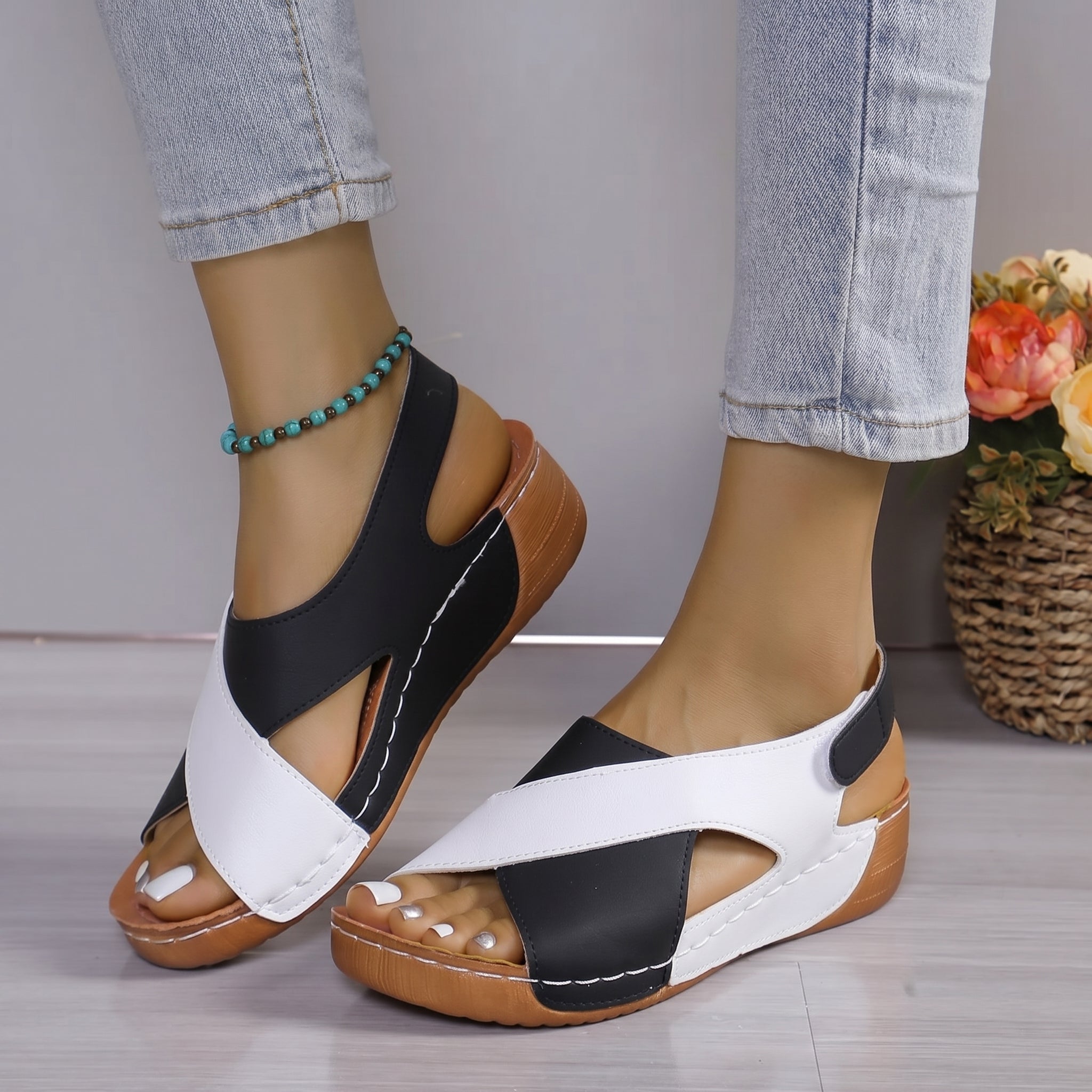 Alice - Women's Orthopaedic Cut-Out Wedge Sandals with Velcro Strap - Sandals - Black - Taylor & Bennett