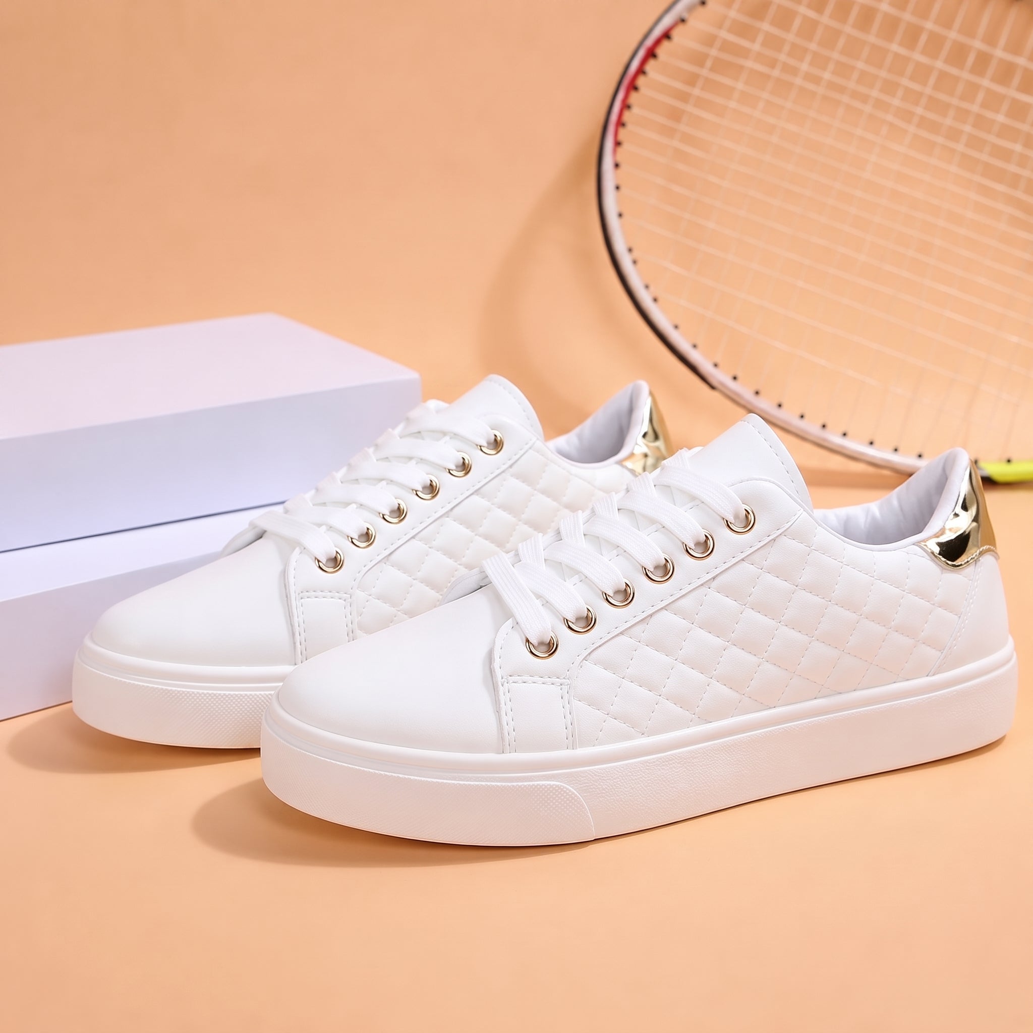 Alice - Women's Orthopaedic Quilted Gold Eyelet Trainers - Sneakers - White - Taylor & Bennett
