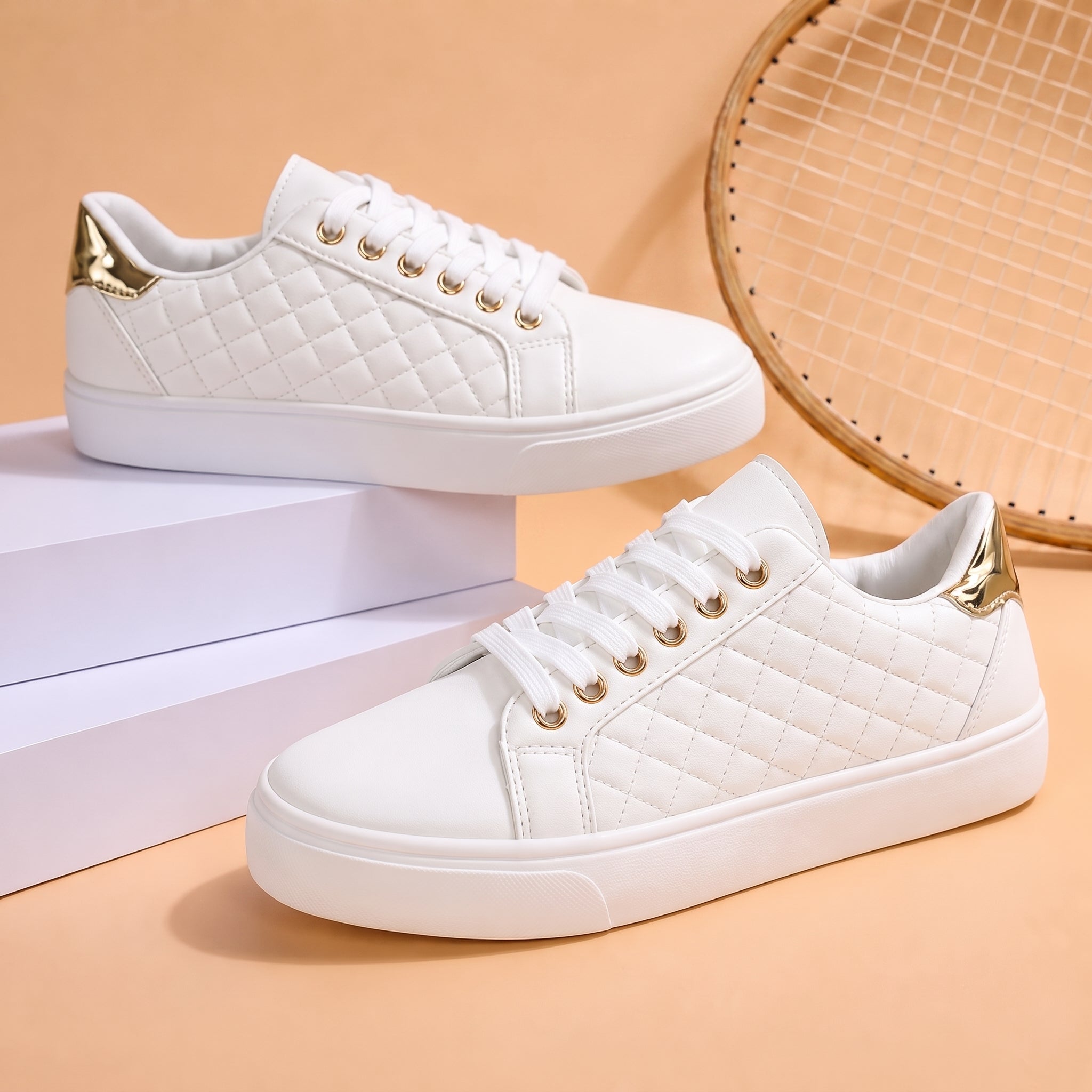Alice - Women's Orthopaedic Quilted Gold Eyelet Trainers - Sneakers - White - Taylor & Bennett