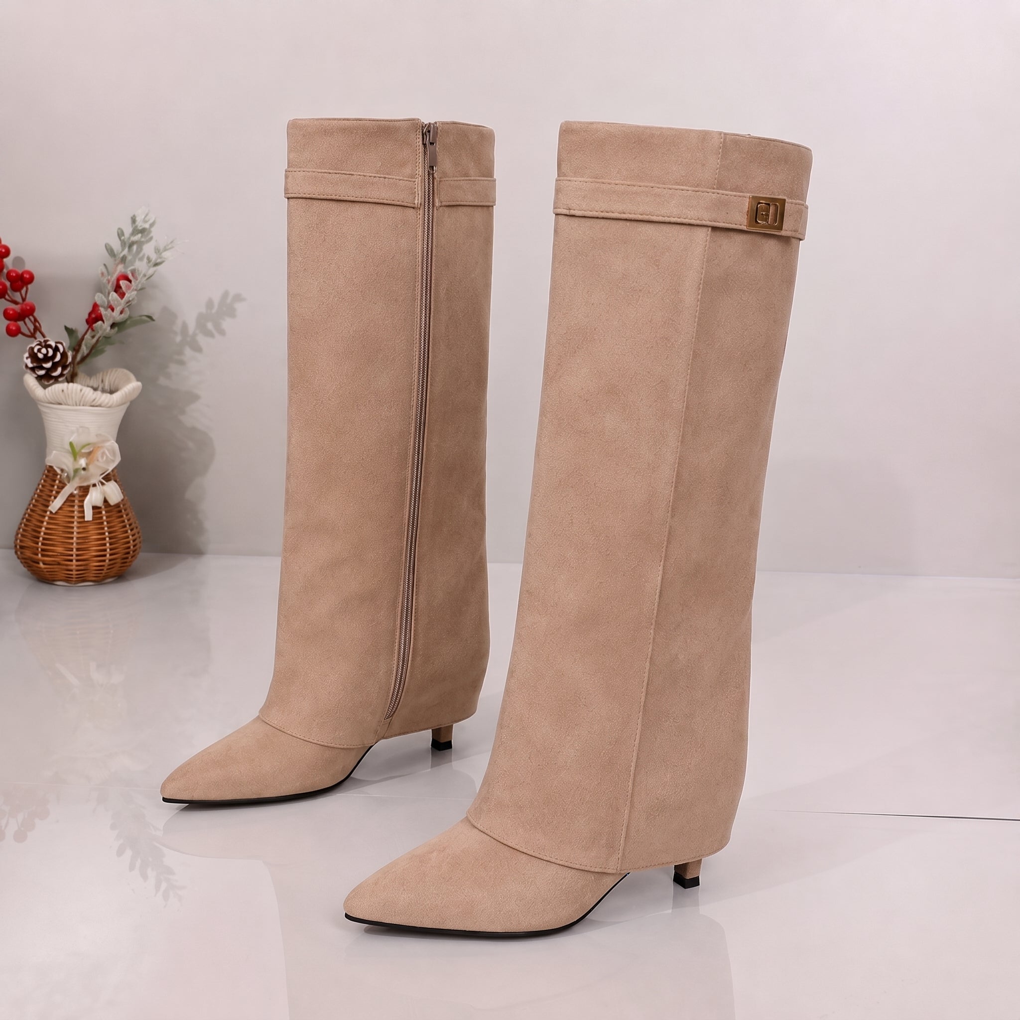Alice - Women's Pointed Toe Fold Over Knee High Boots - Boots - Beige - Taylor & Bennett