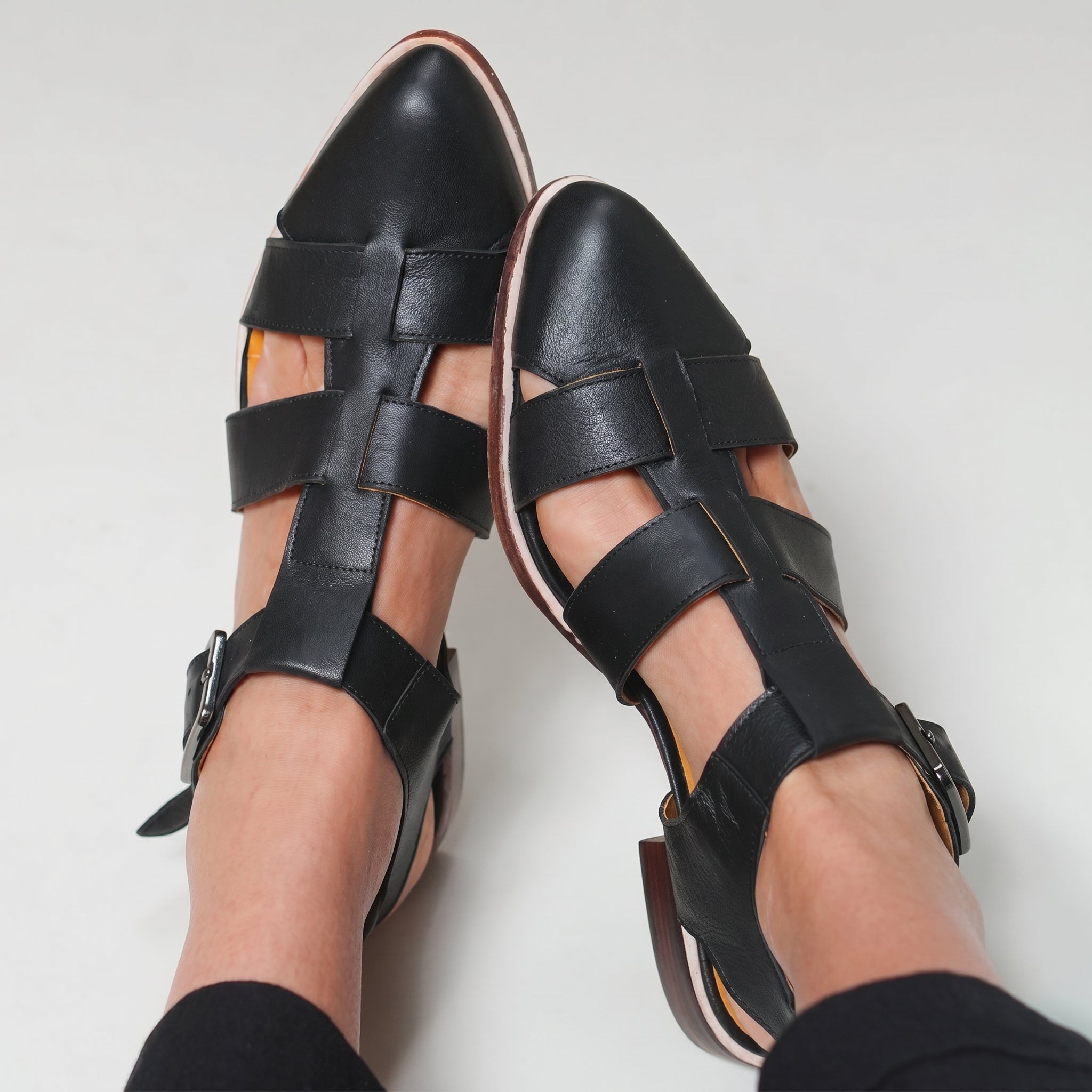 Alice - Women's Pointed Toe Multi - Strap Flat Cage Sandals - Sandal - Black - Taylor & Bennett