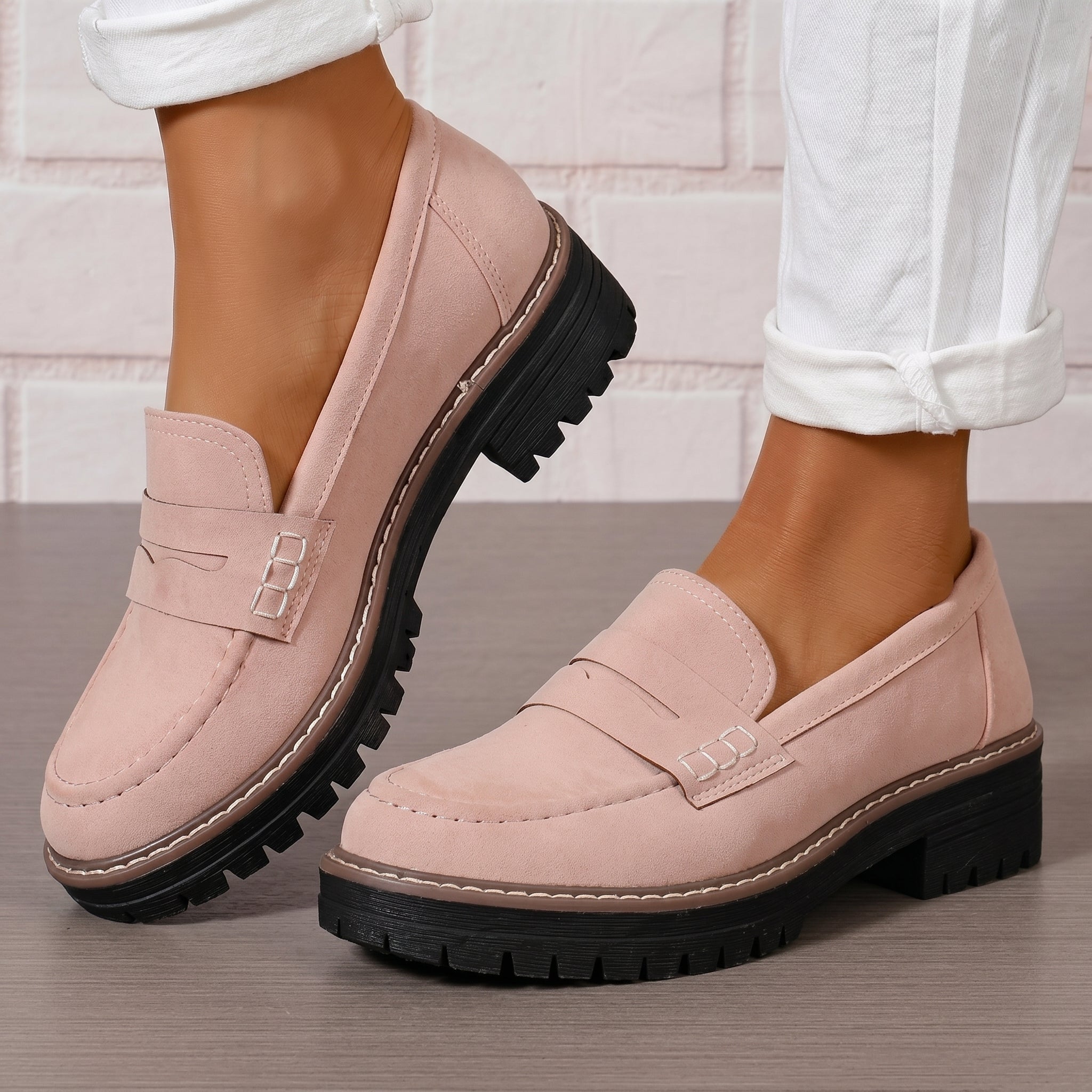 Alice - Women's Stitched Chunky Sole Penny Loafers - Shoes Women - Light Pink - Taylor & Bennett