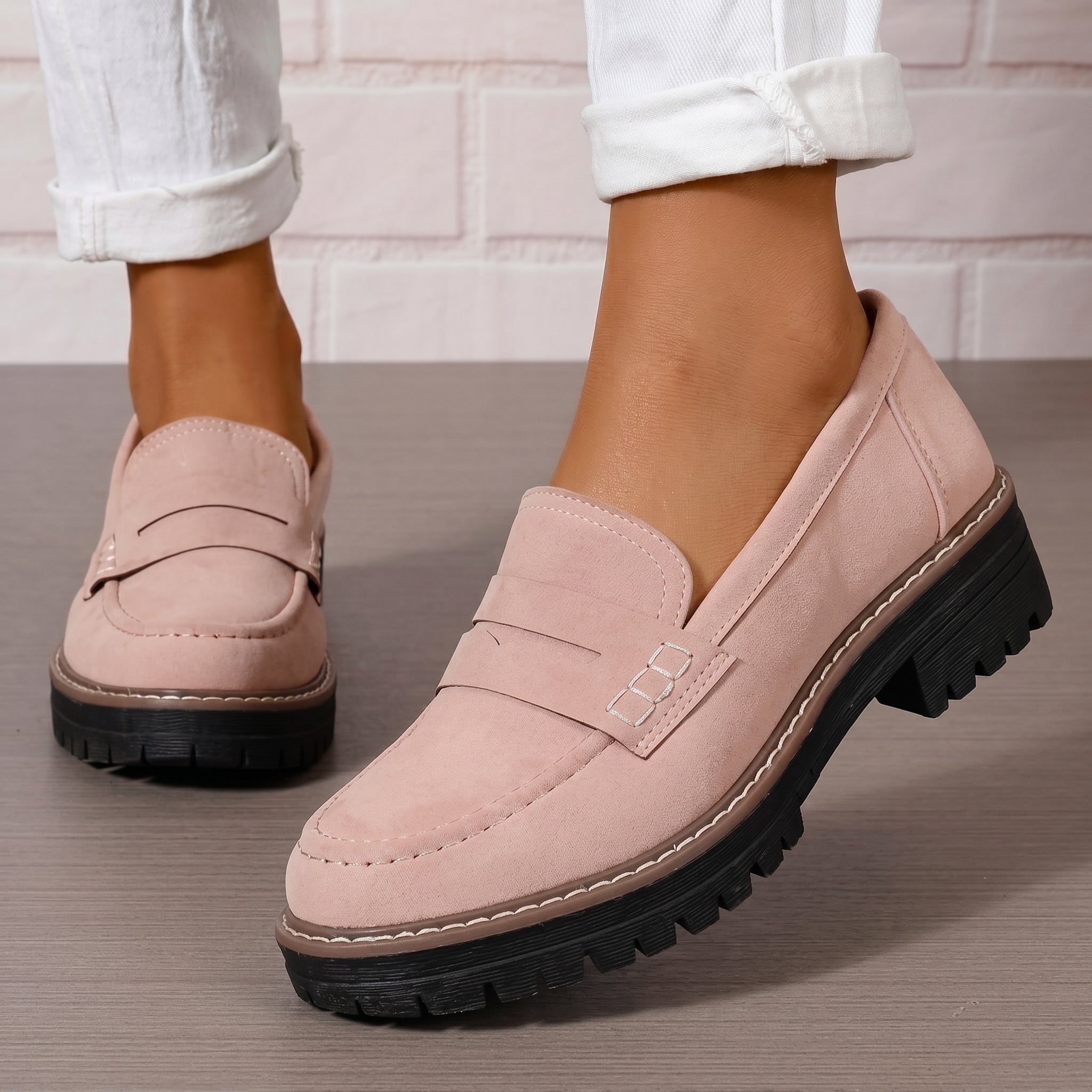 Alice - Women's Stitched Chunky Sole Penny Loafers - Shoes Women - Light Pink - Taylor & Bennett