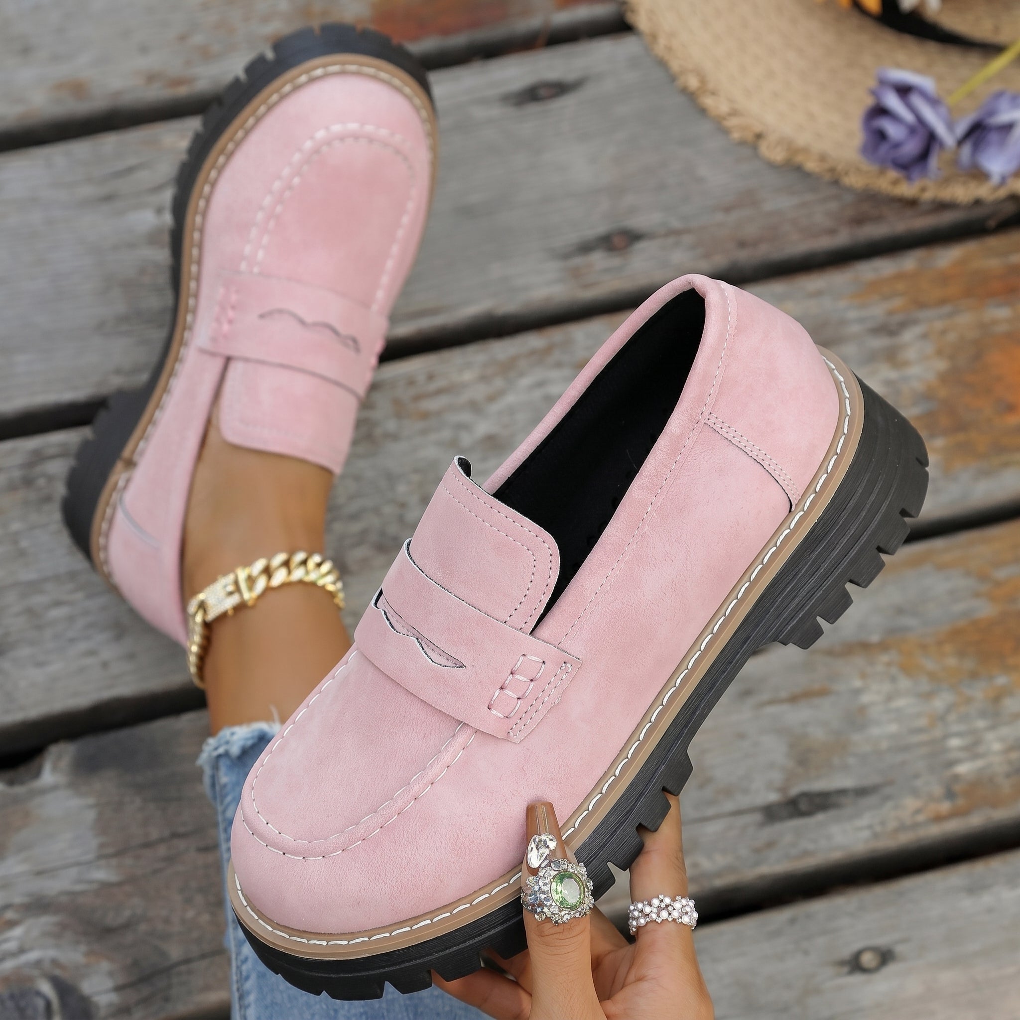 Alice - Women's Stitched Chunky Sole Penny Loafers - Shoes Women - Pink - Taylor & Bennett