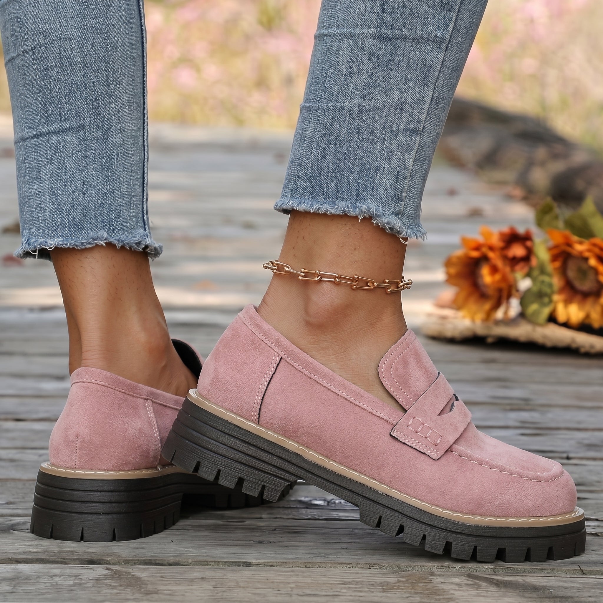 Alice - Women's Stitched Chunky Sole Penny Loafers - Shoes Women - Pink - Taylor & Bennett