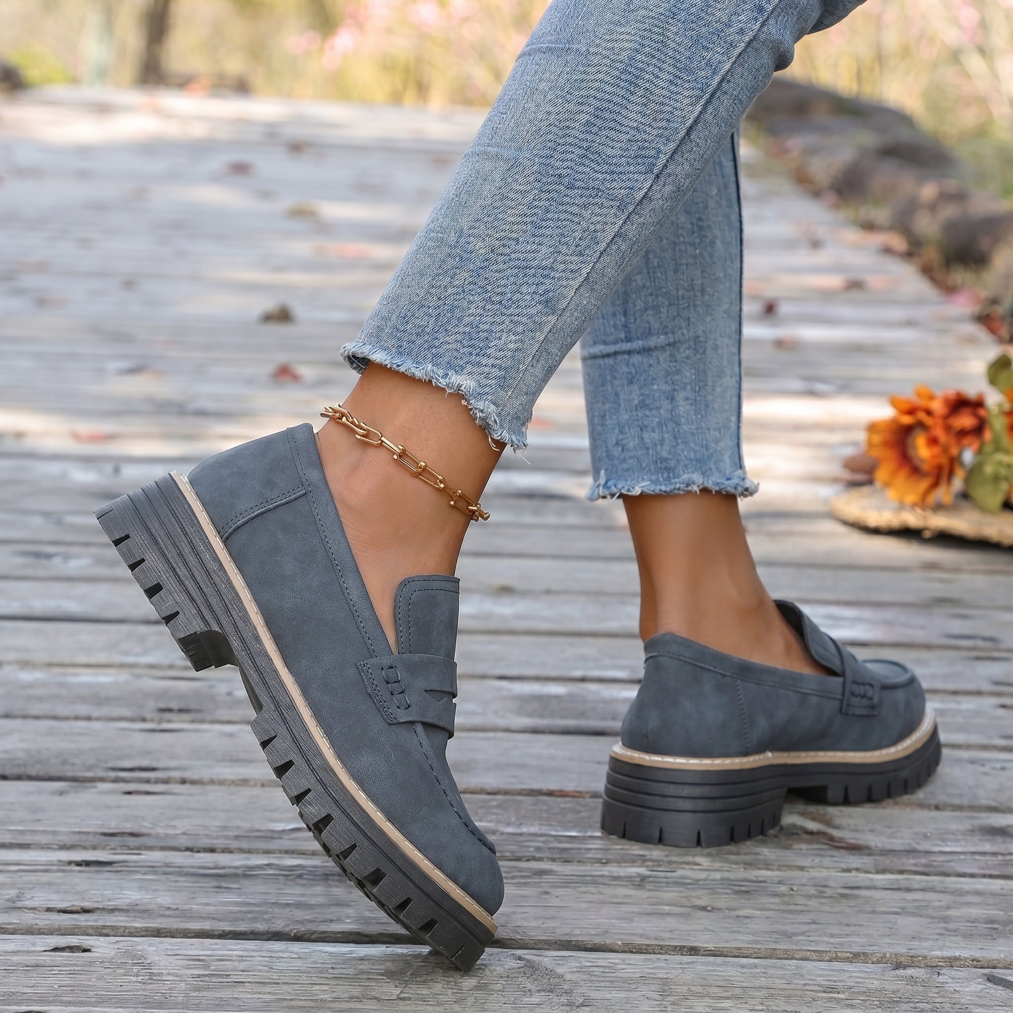 Alice - Women's Stitched Chunky Sole Penny Loafers - Shoes Women - Navy - Taylor & Bennett