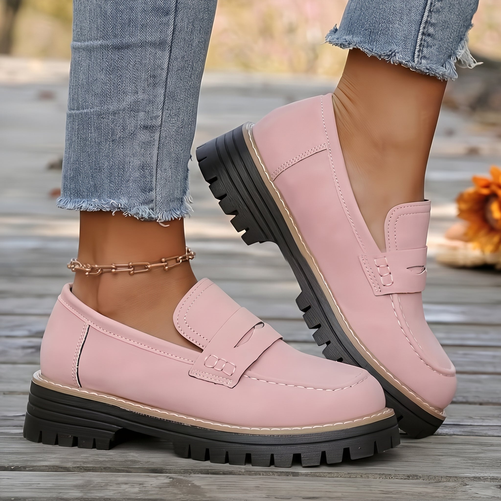 Alice - Women's Stitched Chunky Sole Penny Loafers - Shoes Women - Pink - Taylor & Bennett