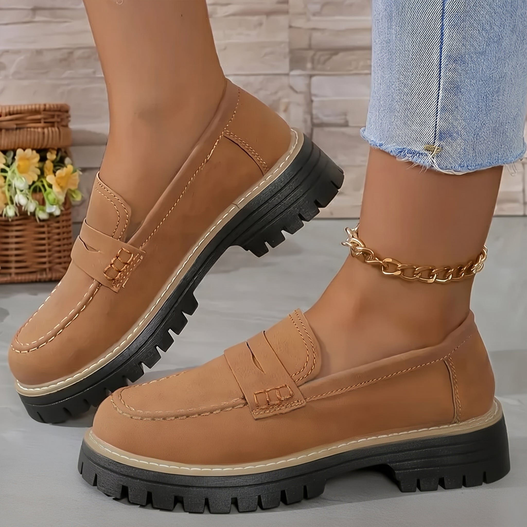 Alice - Women's Stitched Chunky Sole Penny Loafers - Shoes Women - Brown - Taylor & Bennett