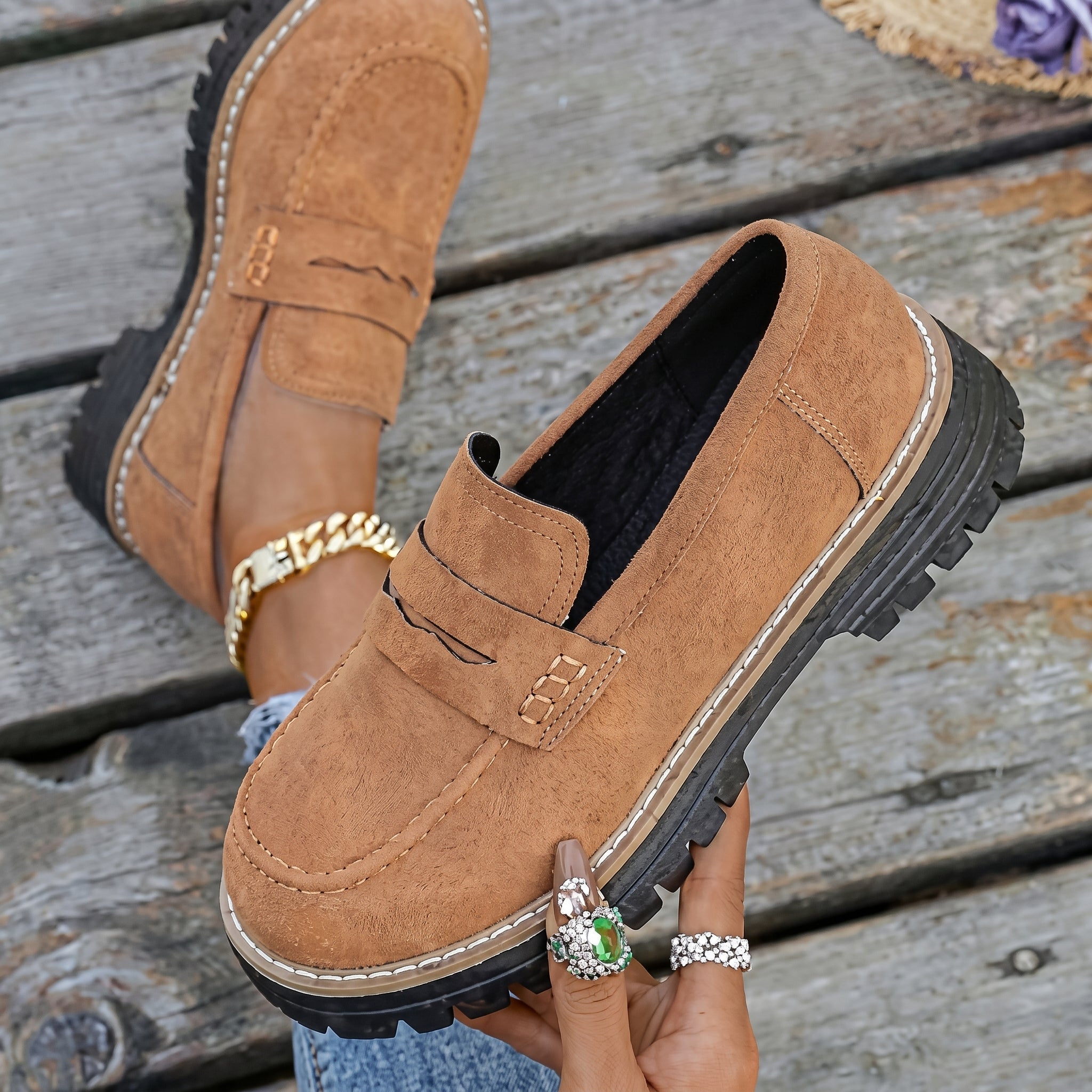 Alice - Women's Stitched Chunky Sole Penny Loafers - Shoes Women - Brown - Taylor & Bennett