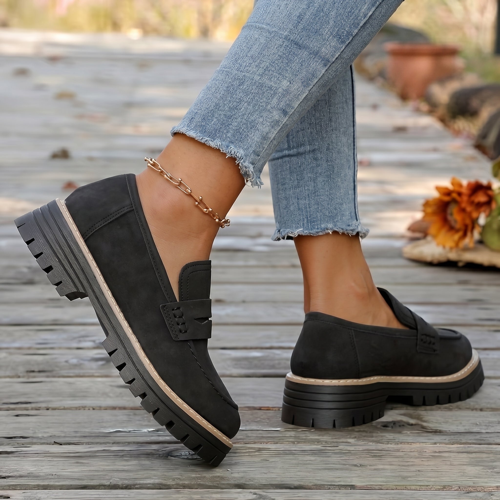 Alice - Women's Stitched Chunky Sole Penny Loafers - Shoes Women - Black - Taylor & Bennett