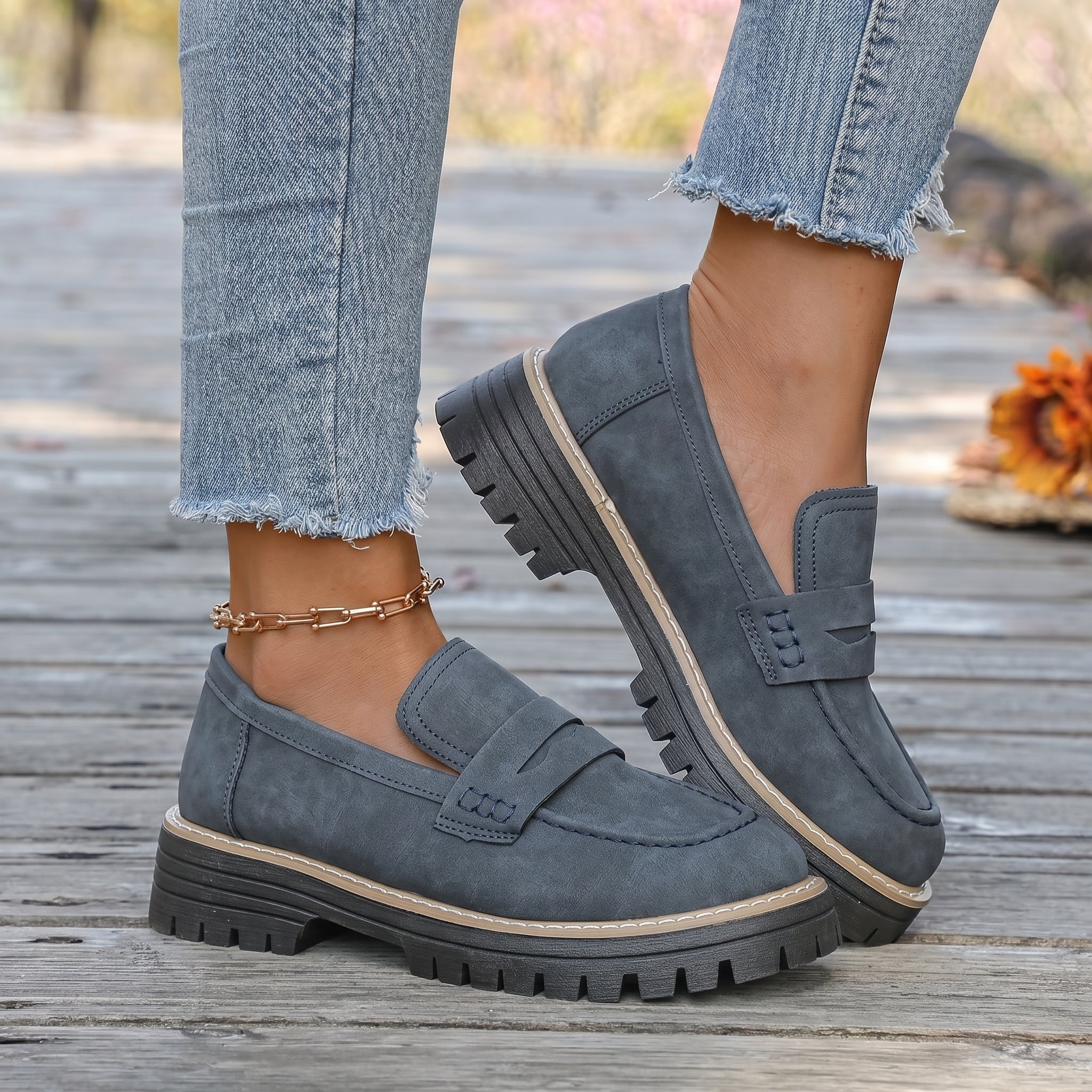 Alice - Women's Stitched Chunky Sole Penny Loafers - Shoes Women - Navy - Taylor & Bennett