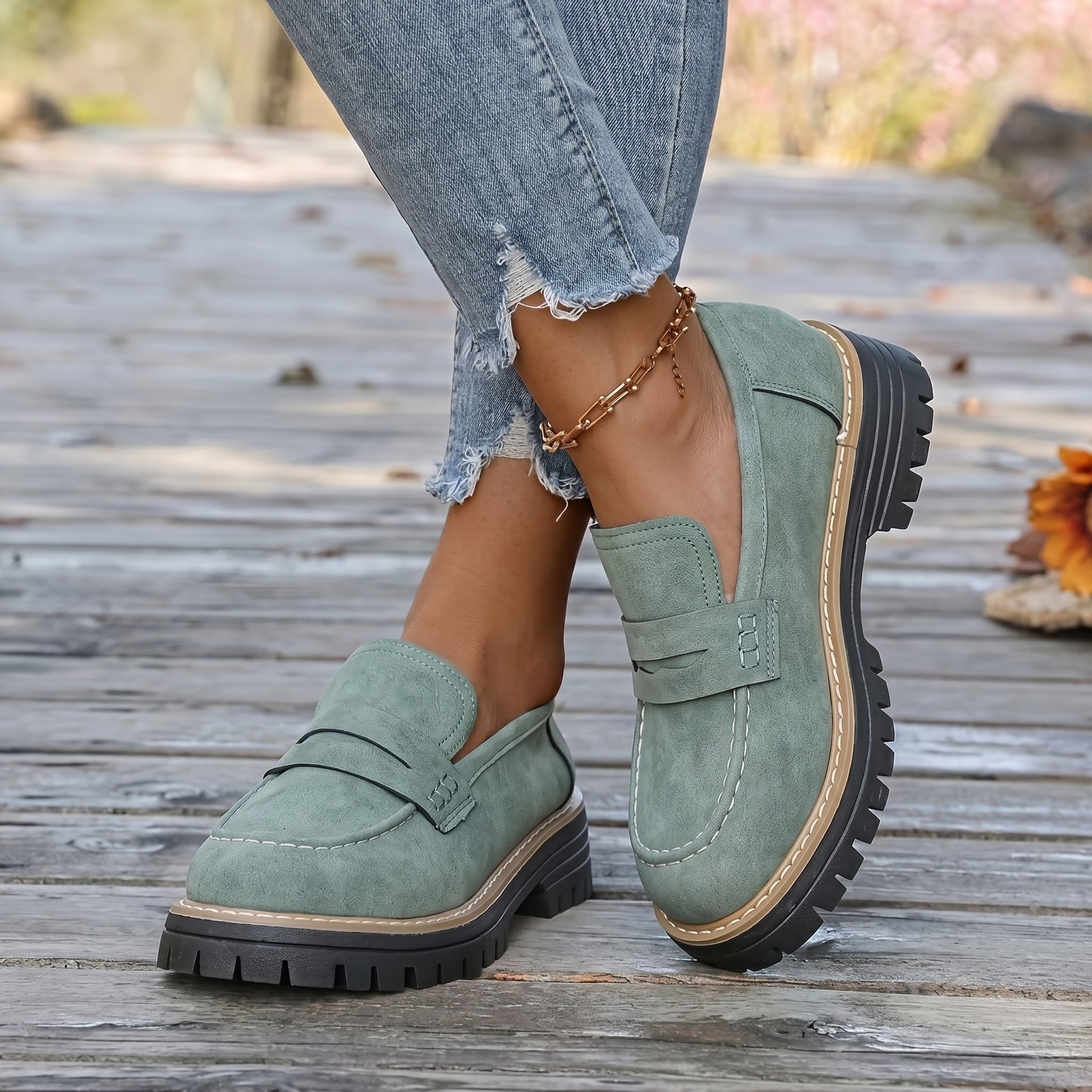 Alice - Women's Stitched Chunky Sole Penny Loafers - Shoes Women - Green - Taylor & Bennett