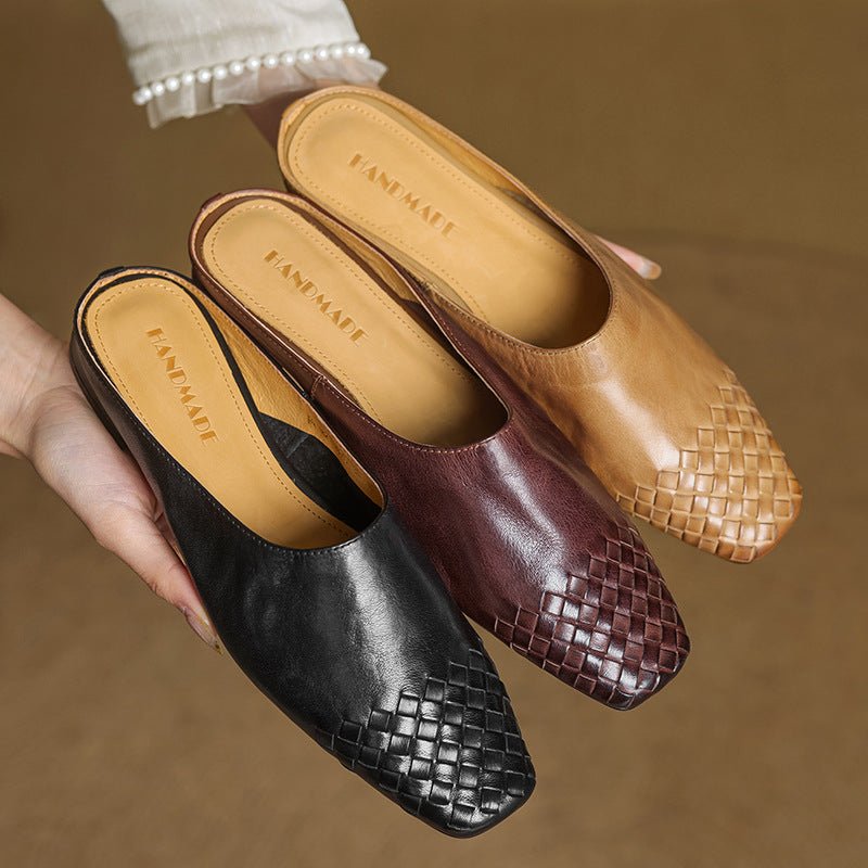 Alice - Women's Woven Slip - On Flat Square Toe Mules - Sandal - Black - Taylor & Bennett