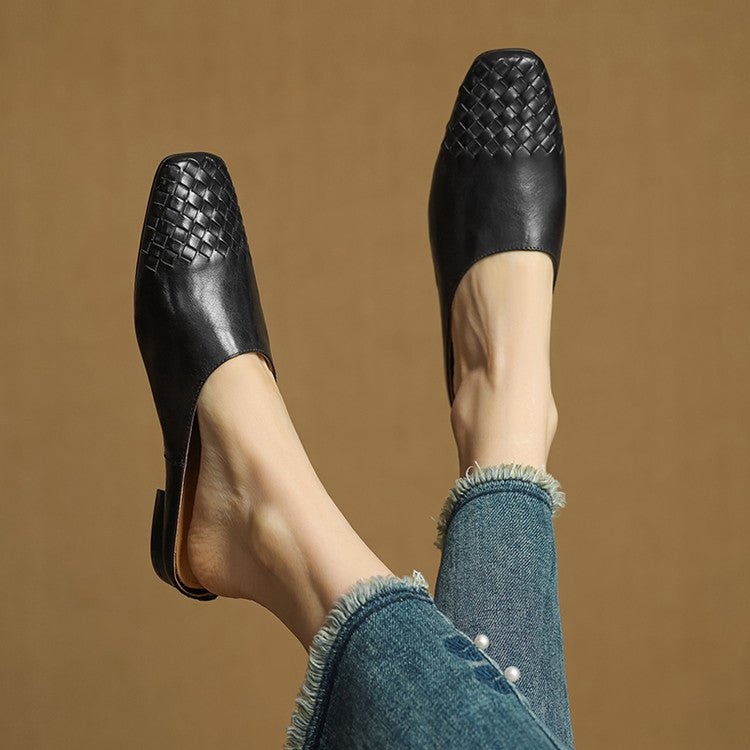 Alice - Women's Woven Slip - On Flat Square Toe Mules - Sandal - Black - Taylor & Bennett