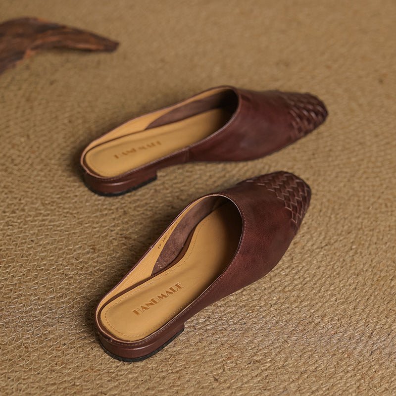 Alice - Women's Woven Slip - On Flat Square Toe Mules - Sandal - Brown - Taylor & Bennett