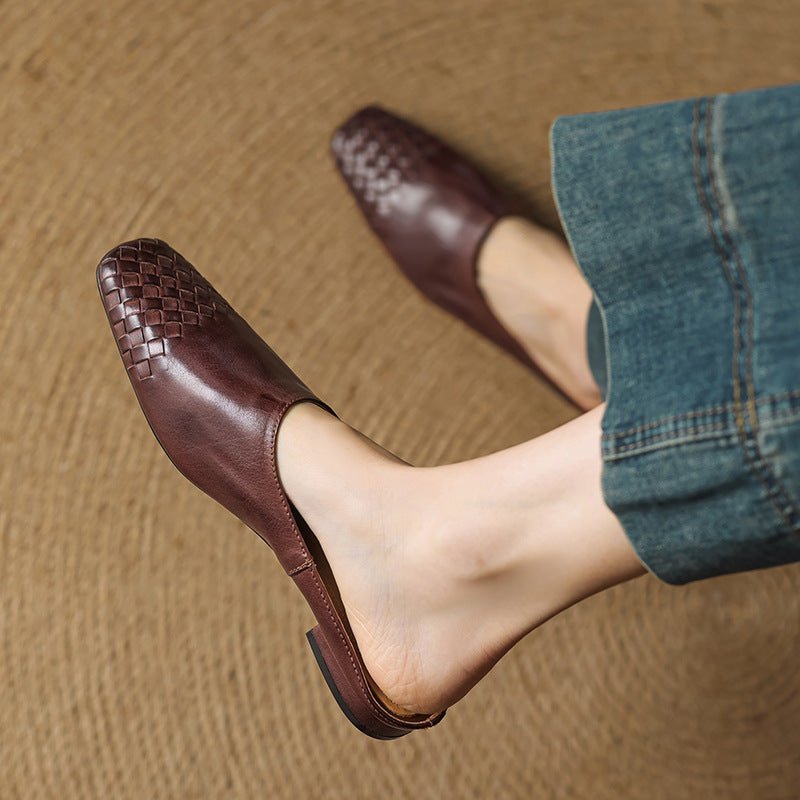 Alice - Women's Woven Slip - On Flat Square Toe Mules - Sandal - Brown - Taylor & Bennett