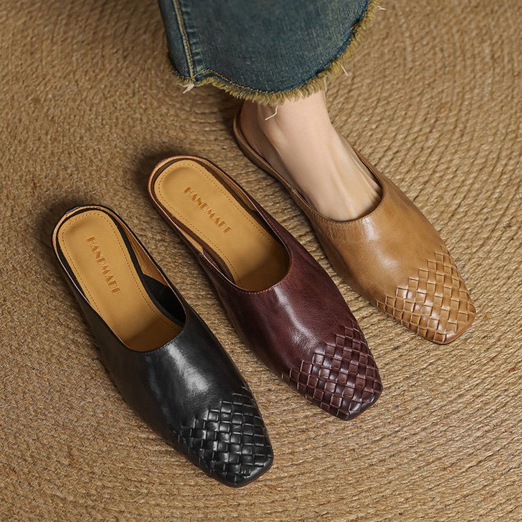 Alice - Women's Woven Slip - On Flat Square Toe Mules - Sandal - Black - Taylor & Bennett