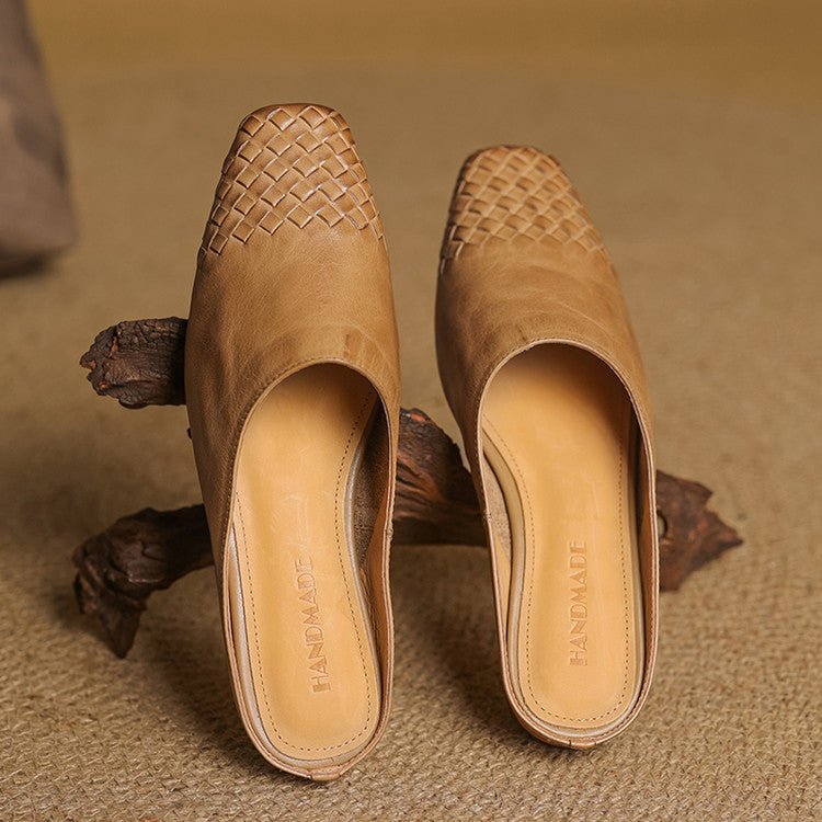 Alice - Women's Woven Slip - On Flat Square Toe Mules - Sandal - Khaki - Taylor & Bennett