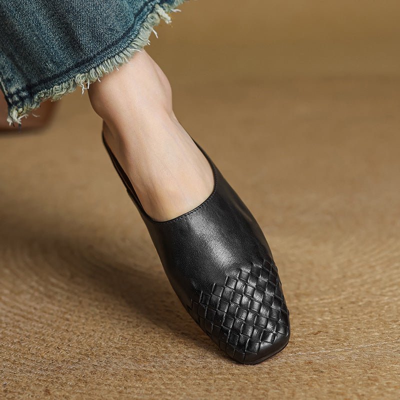 Alice - Women's Woven Slip - On Flat Square Toe Mules - Sandal - Black - Taylor & Bennett