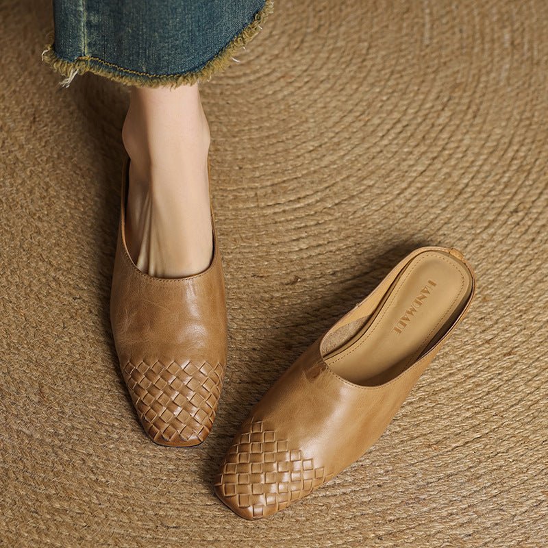 Alice - Women's Woven Slip - On Flat Square Toe Mules - Sandal - Khaki - Taylor & Bennett