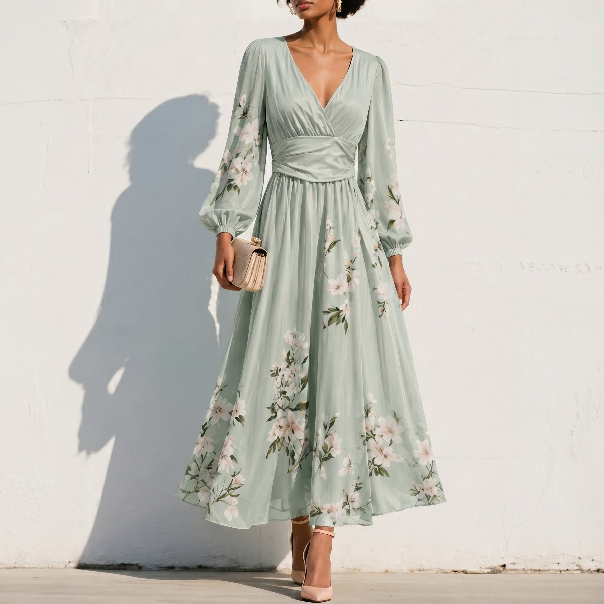 Alina - Women's Wedding Guest Floral Pleated Midi Dress - Dresses - Light Green - Taylor & Bennett