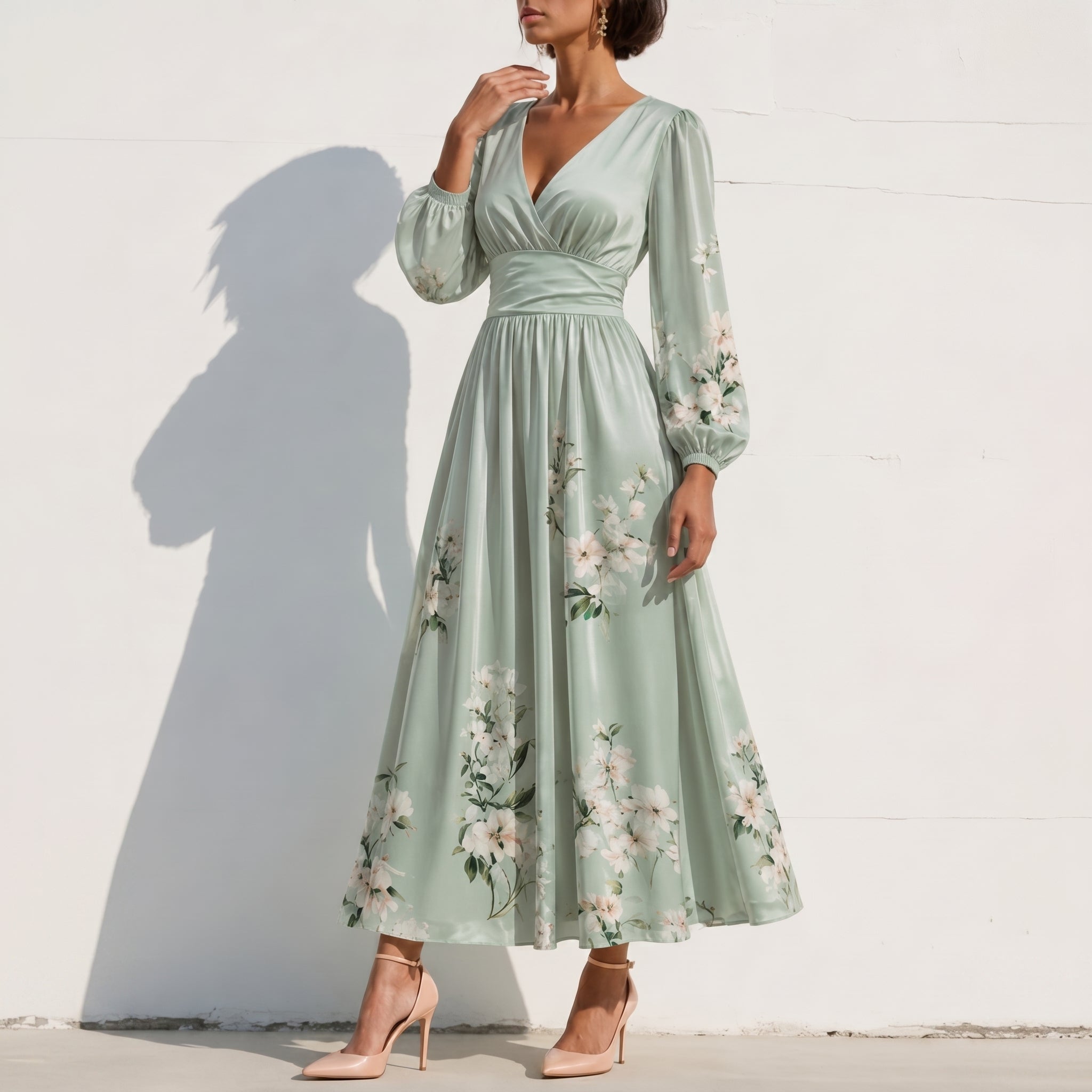 Alina - Women's Wedding Guest Floral Pleated Midi Dress - Dresses - Light Green - Taylor & Bennett