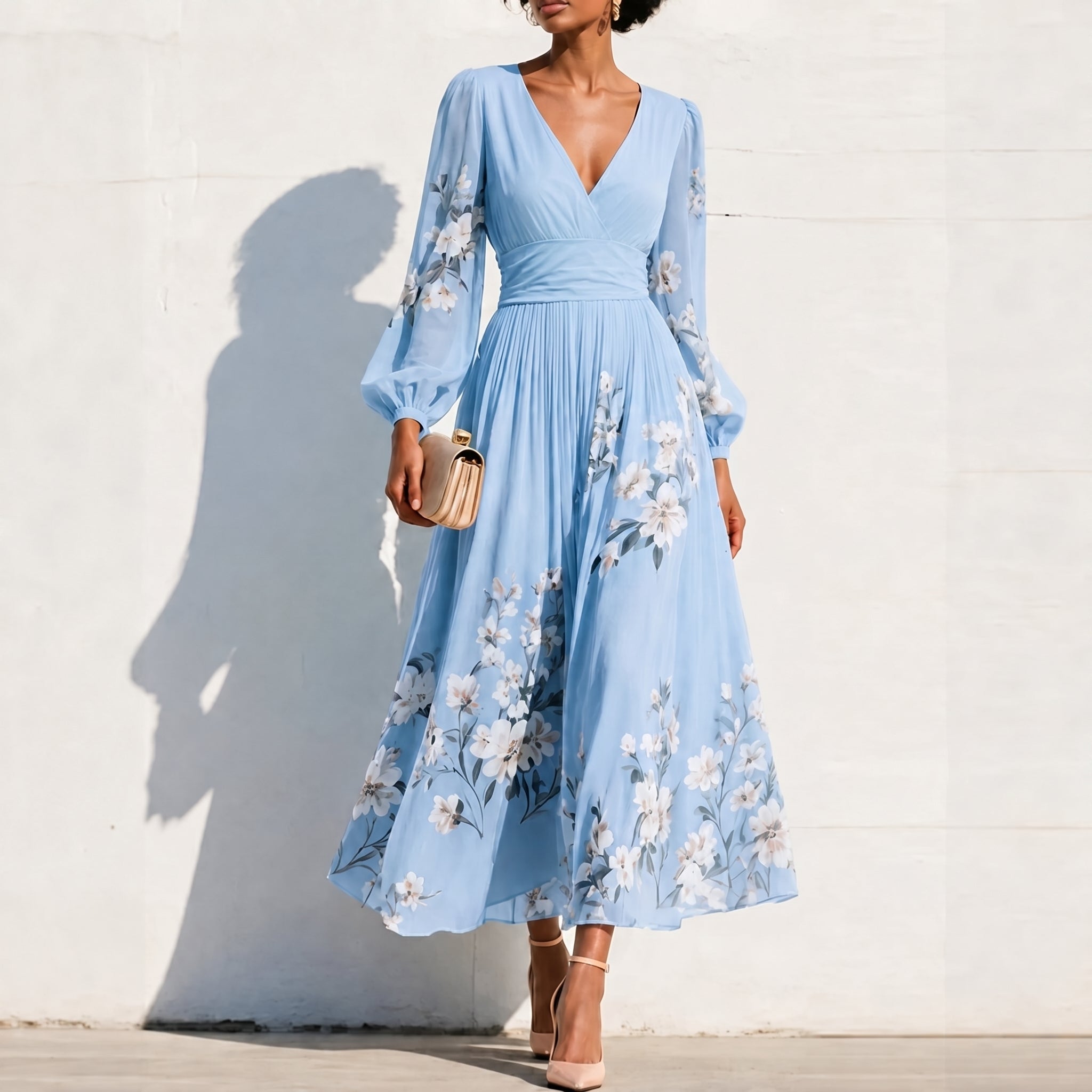 Alina - Women's Wedding Guest Floral Pleated Midi Dress - Dresses - Blue - Taylor & Bennett